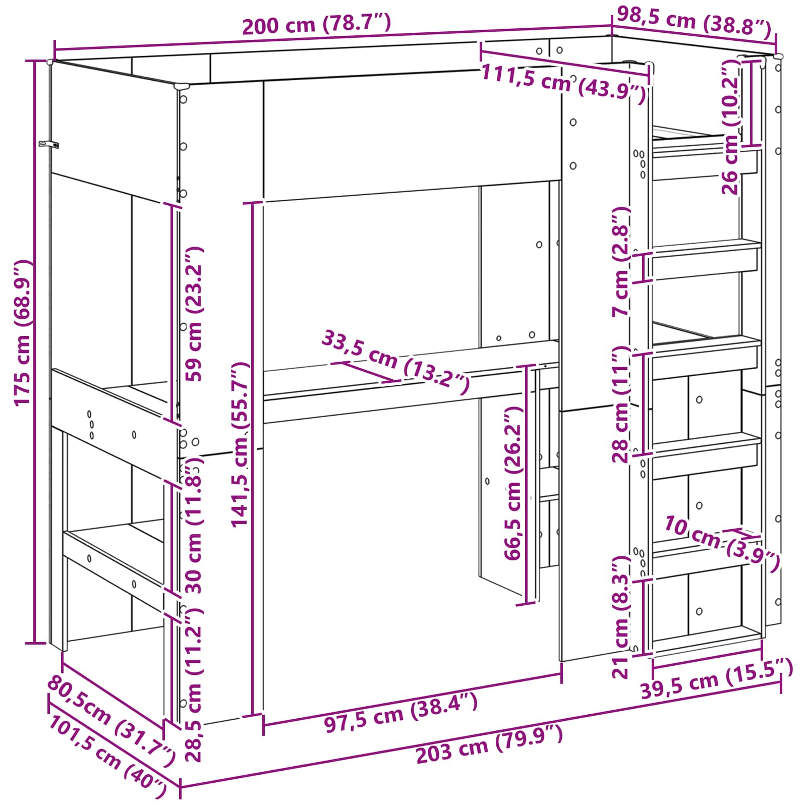 Cadre de lit superposé avec bureau Chêne Sonoma 100 x 200 cm - XIOS