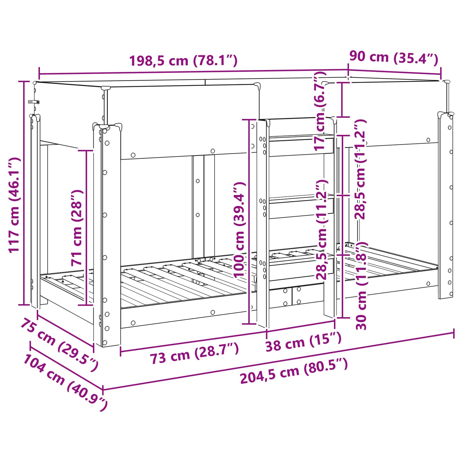 Lit Superposé pour Enfants Bois ancien 90 x 200 cm - XIOS