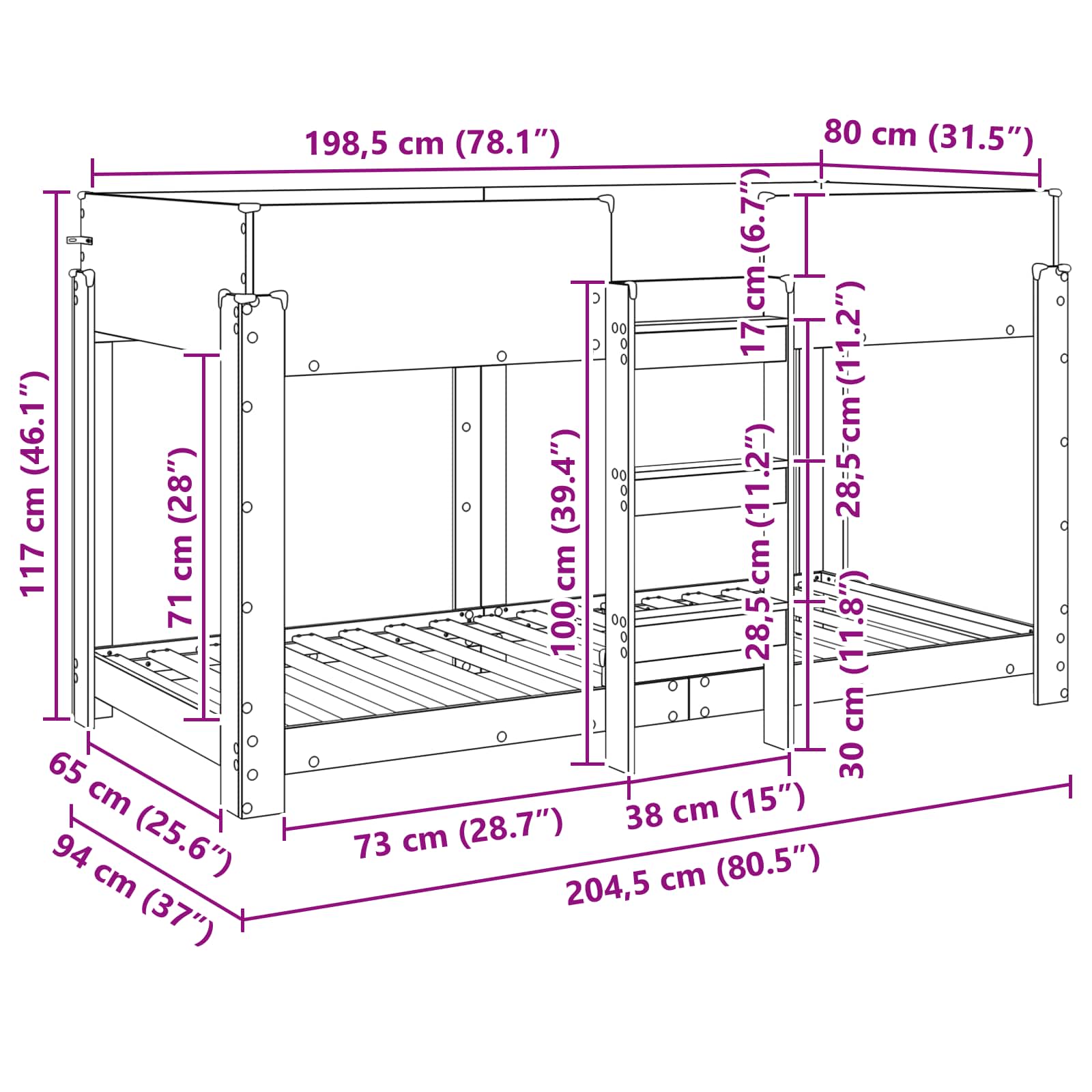Lit Superposé pour Enfants Bois ancien 80 x 200 cm - XIOS