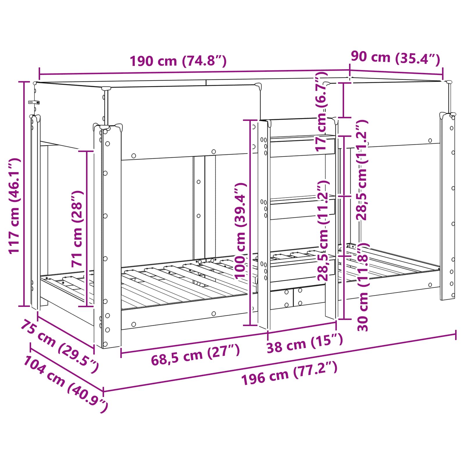 Lit Superposé pour Enfants Bois ancien 90 x 190 cm - XIOS