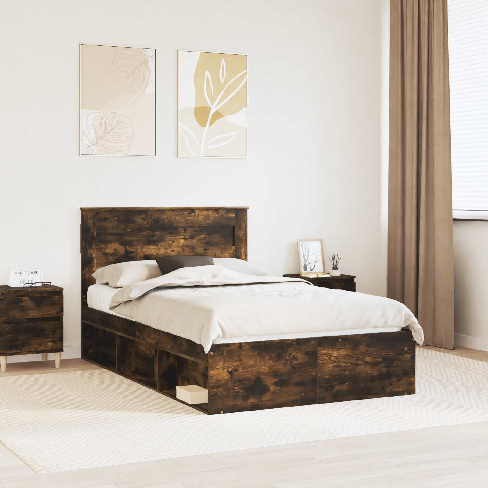Cadre de lit Uni Chêne fumé 135 x 190 cm Bois de pin massif