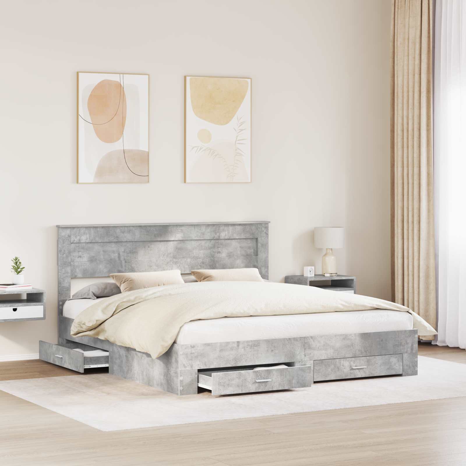 Cadre de lit Gris béton 200 x 200 cm Bois d'ingénierie - XIOS