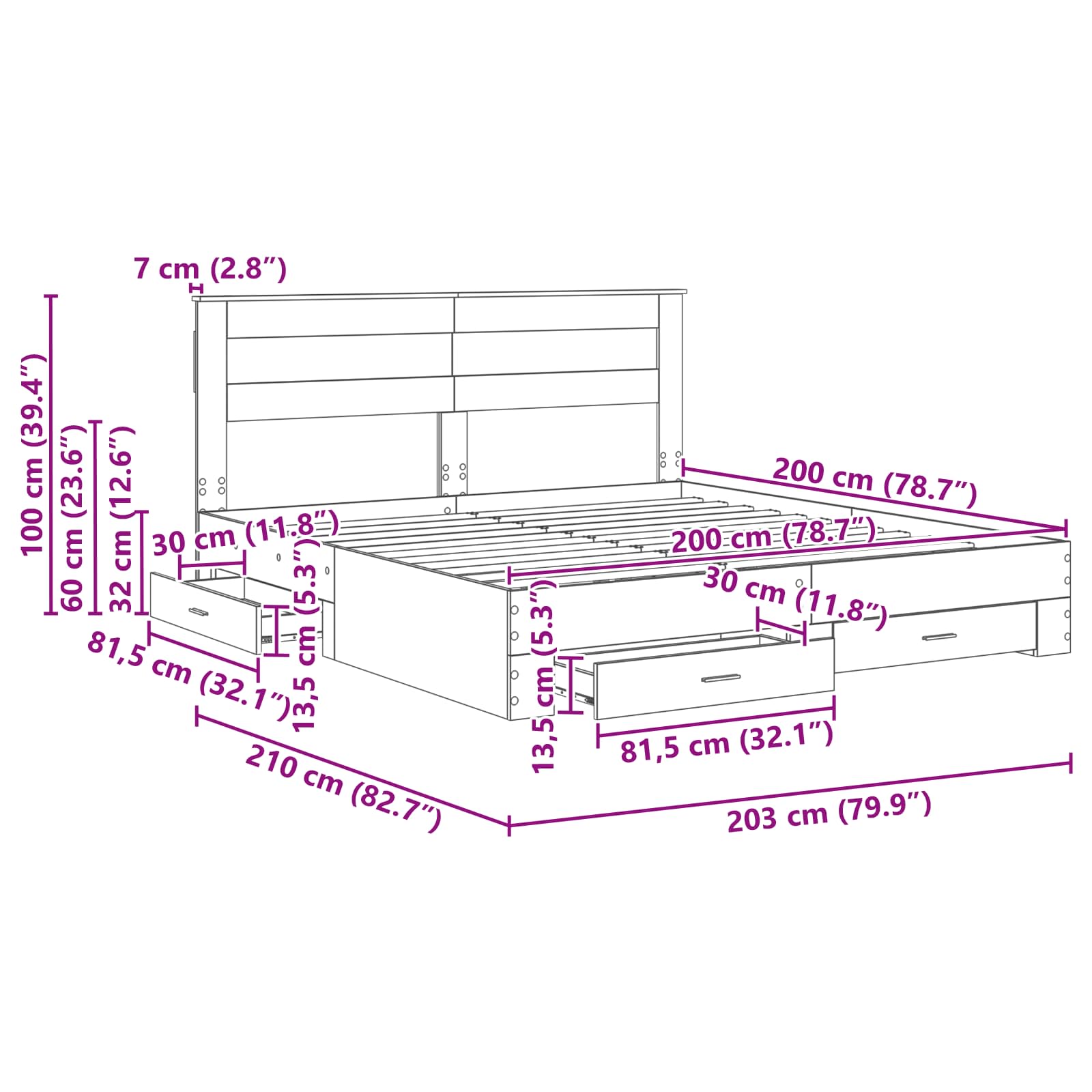Cadre de lit avec tiroir avec tête de lit Bois d'ingénierie - XIOS