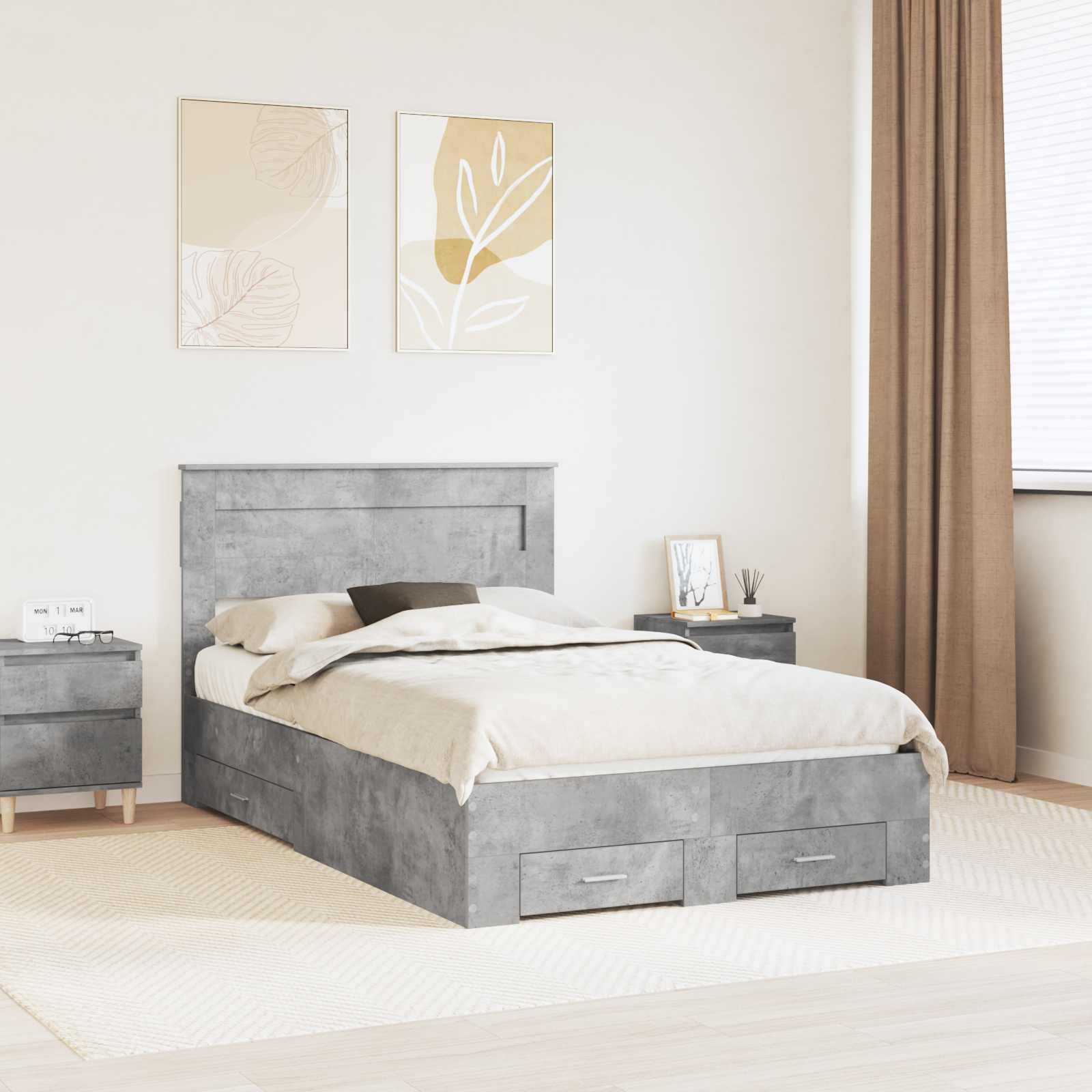 Cadre de lit Gris béton 135 x 190 cm Bois d'ingénierie - XIOS