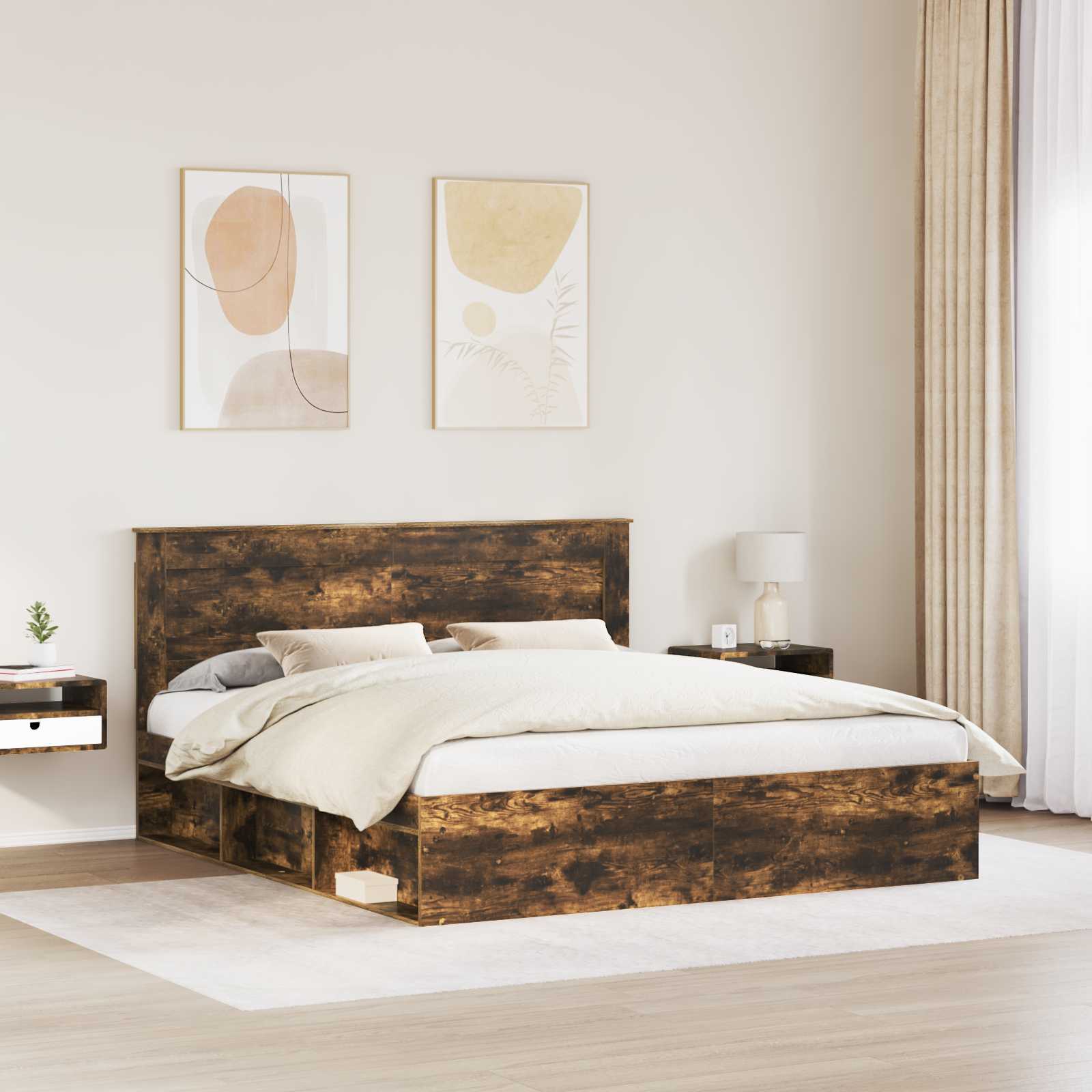 Cadre de lit Chêne fumé 200 x 200 cm Pin massif - XIOS