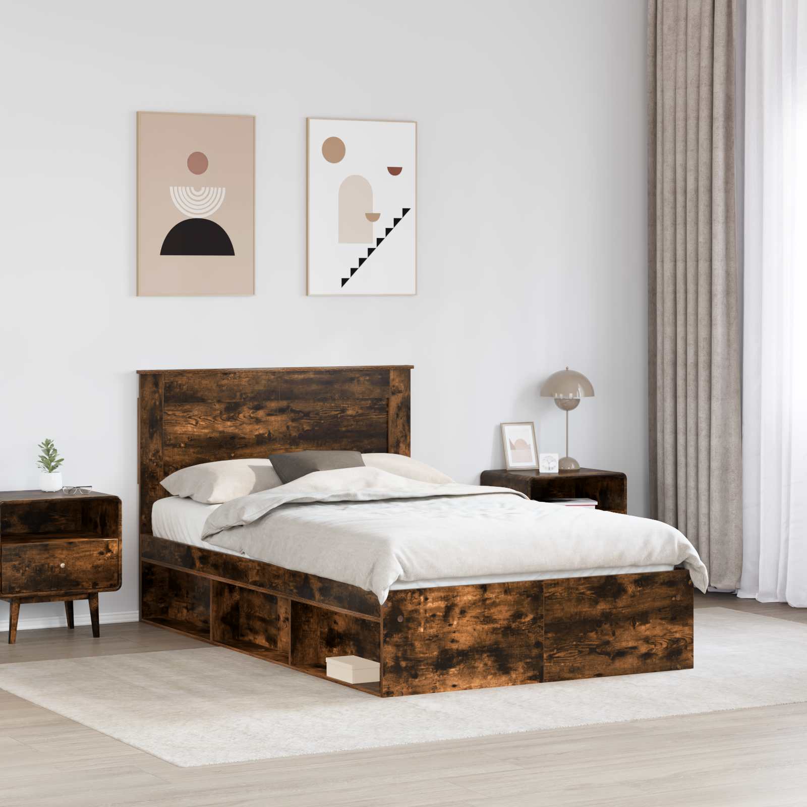Cadre de lit avec tiroir Uni Chêne fumé 120 x 190 cm Pin massif