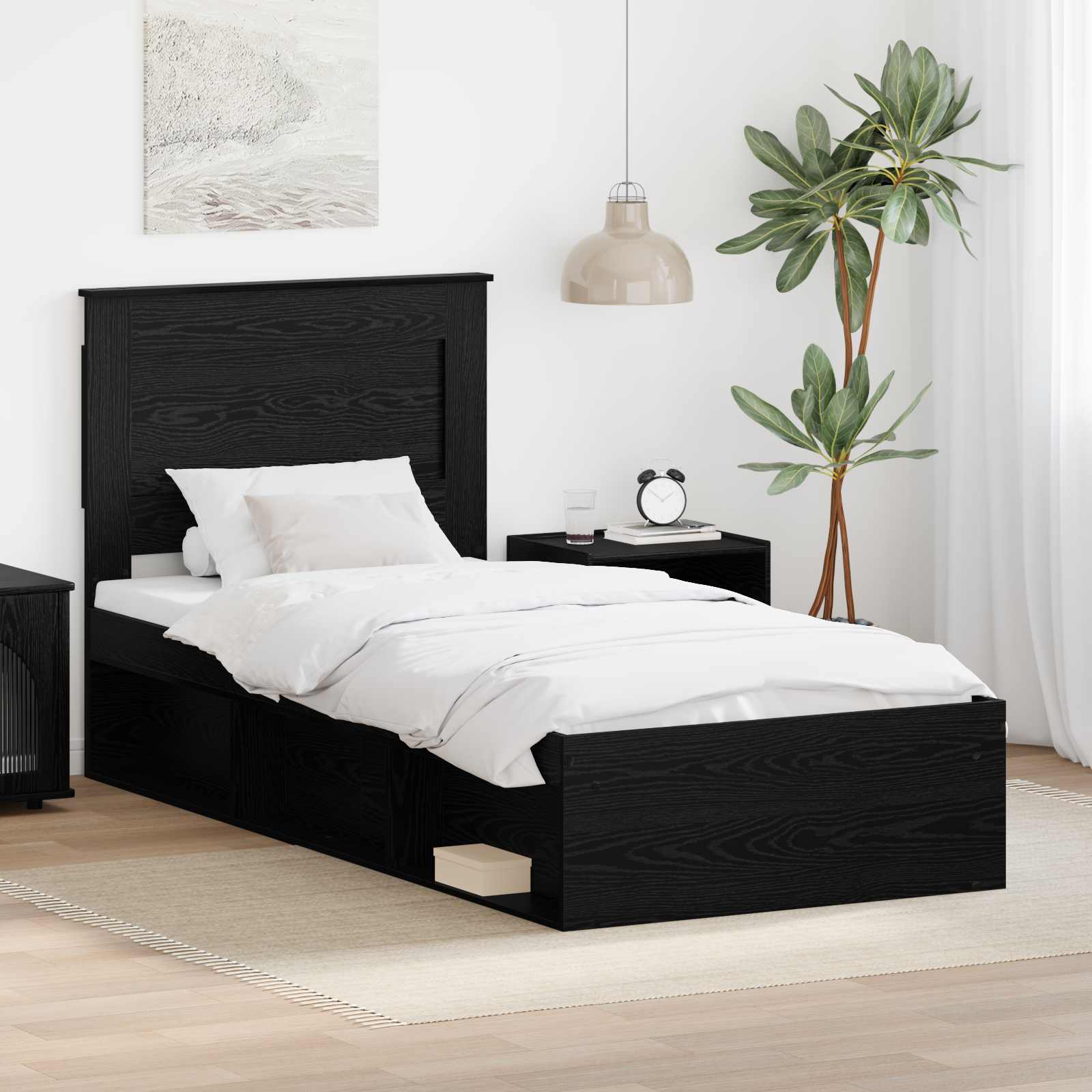 Cadre de lit avec tiroir Uni Noir 100 x 200 cm Pin massif