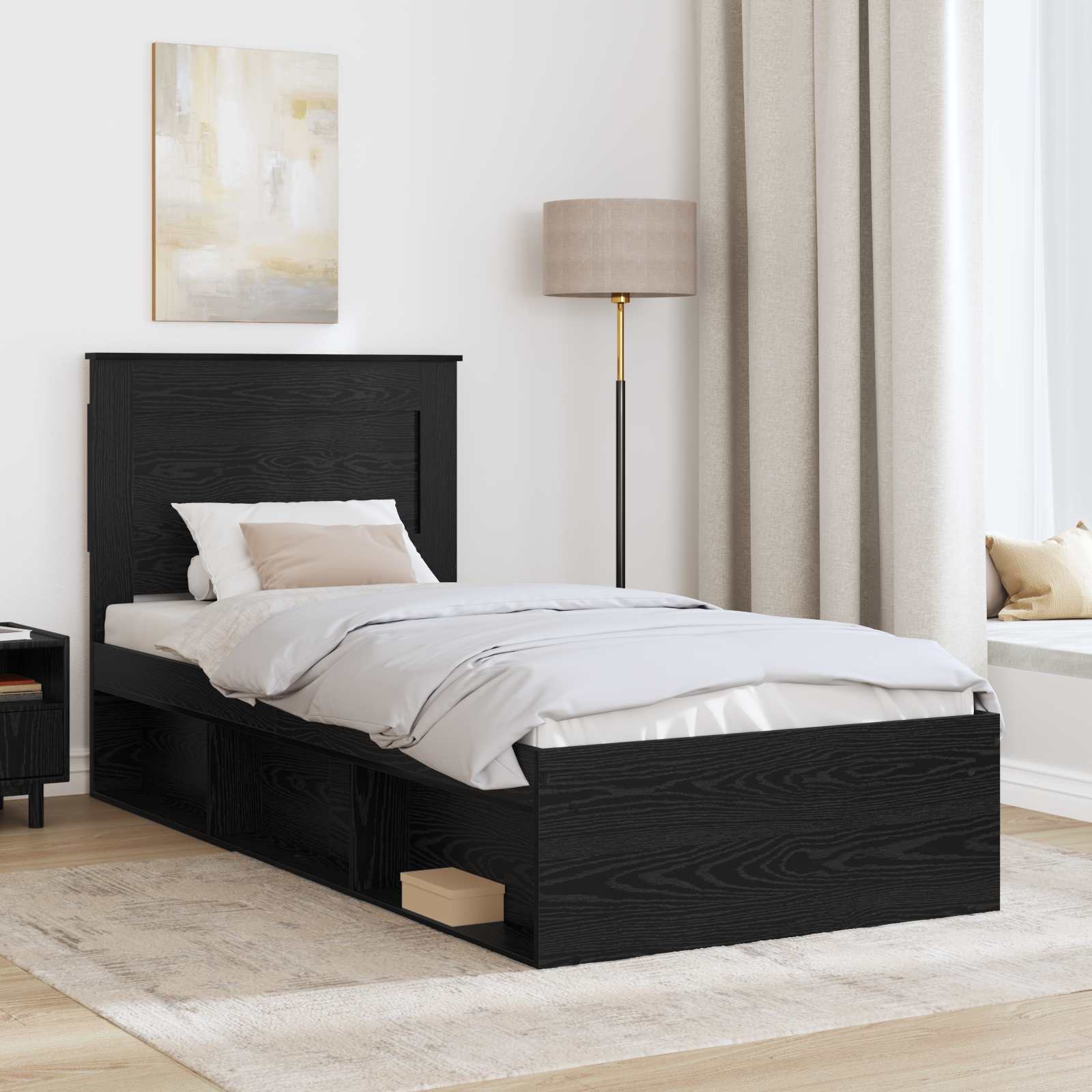 Cadre de lit avec tiroir Uni Noir 90 x 190 cm Pin massif