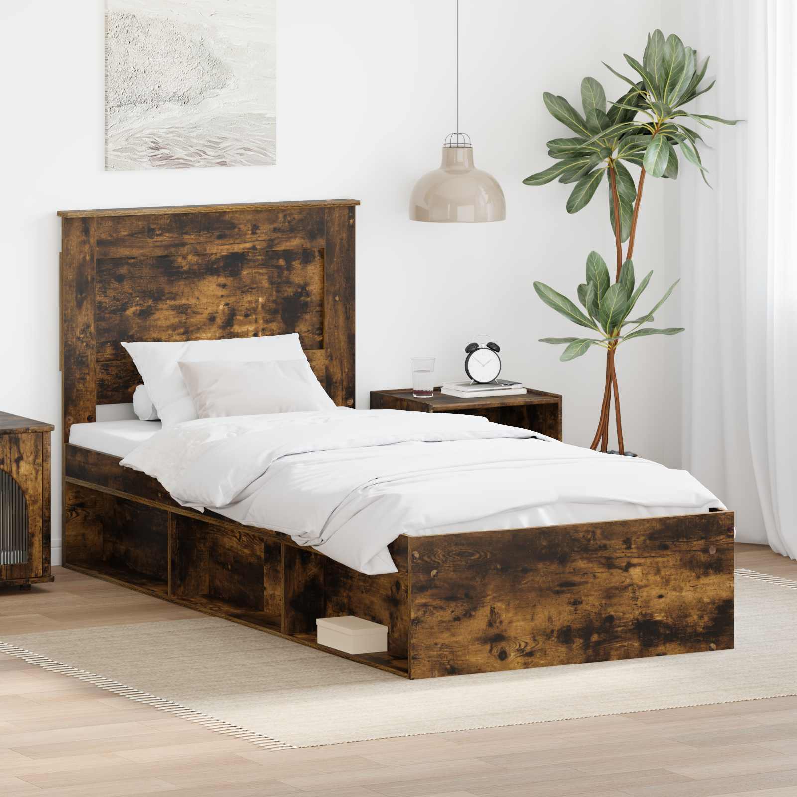 Cadre de lit avec tiroir Uni Chêne fumé 90 x 200 cm Pin massif
