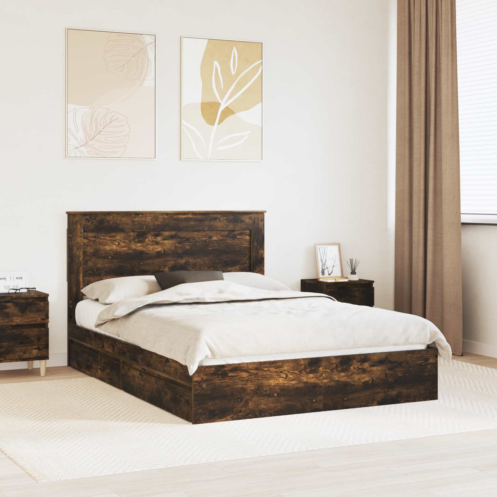 Lit de Rangement Chêne fumé 160 x 200 cm Bois d'ingénierie