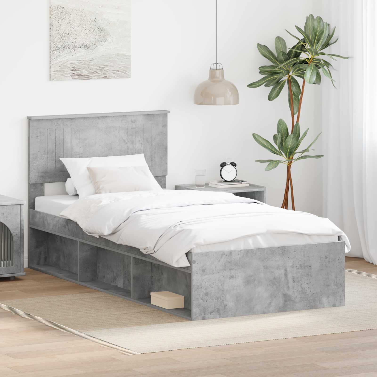 Cadre de lit avec tête de lit Béton 90 x 200 cm Pin massif - XIOS
