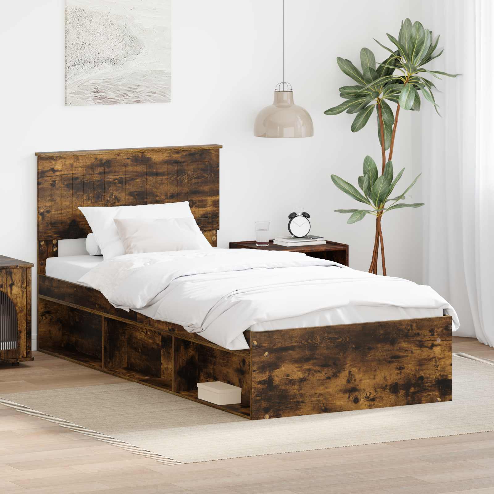 Cadre de lit avec tête de lit Chêne fumé 90 x 200 cm Pin massif