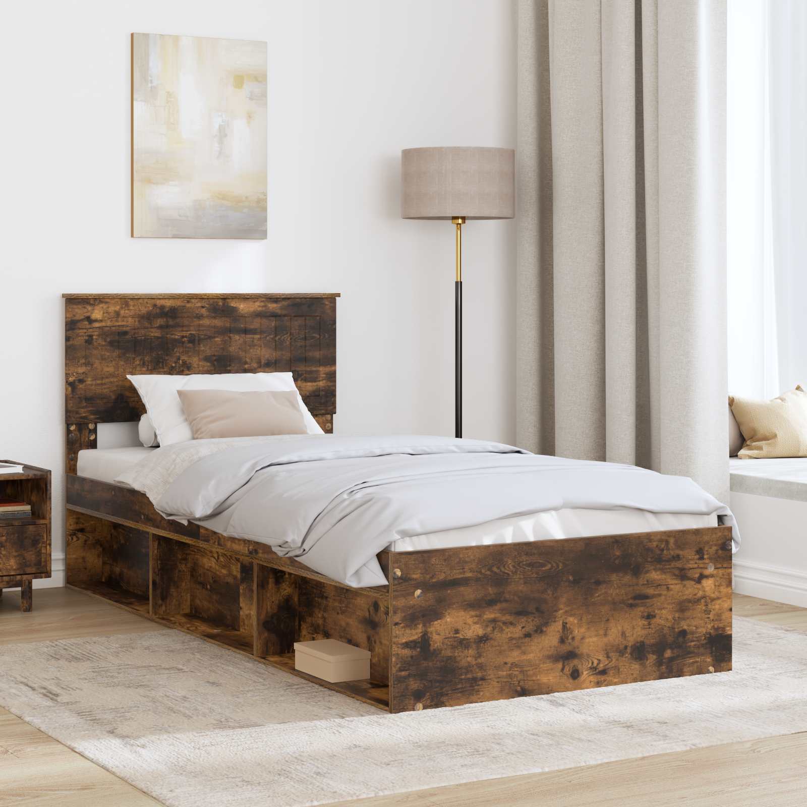 Cadre de lit avec tête de lit Chêne fumé 90 x 190 cm Pin massif