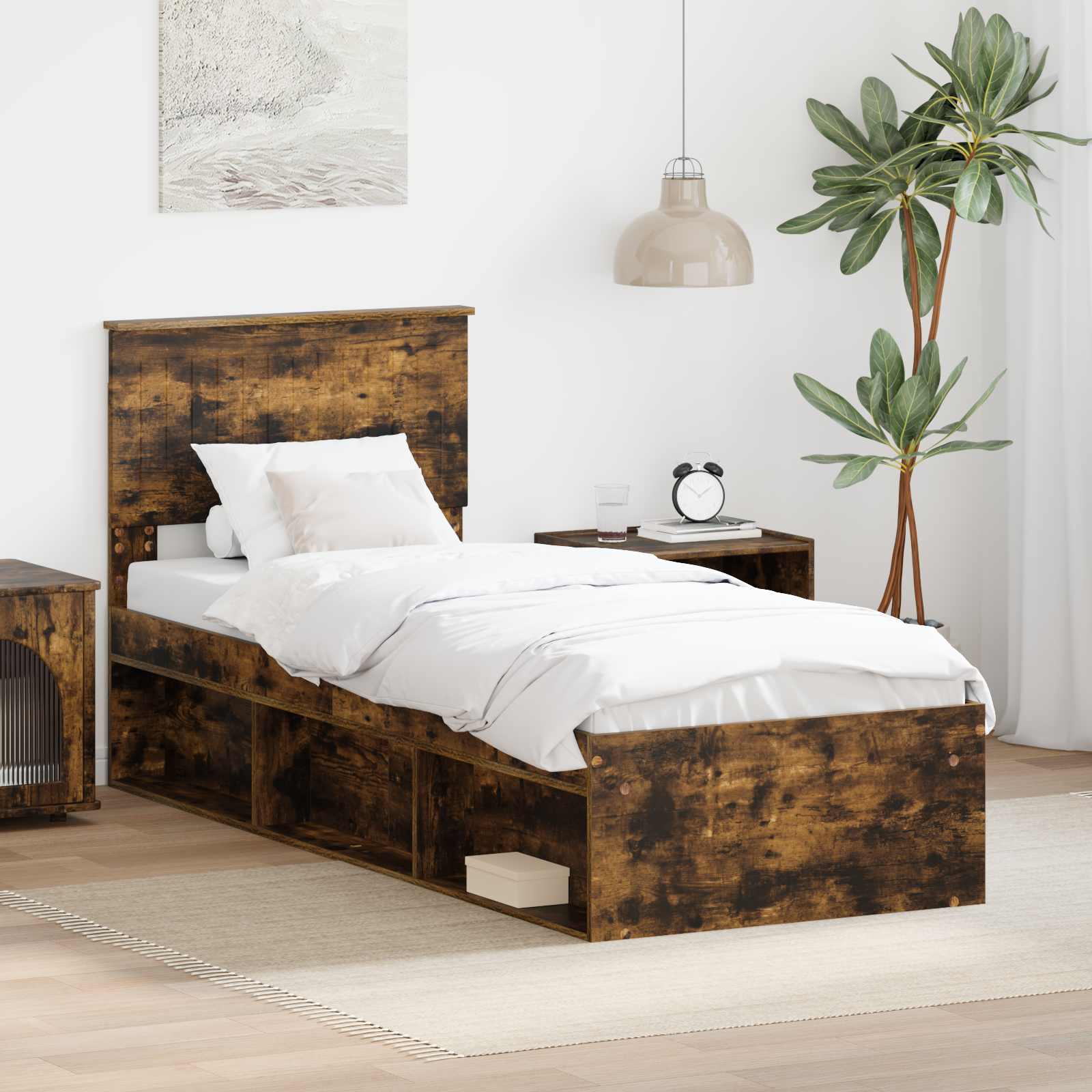 Cadre de lit avec tête de lit Chêne fumé 75 x 190 cm Pin massif