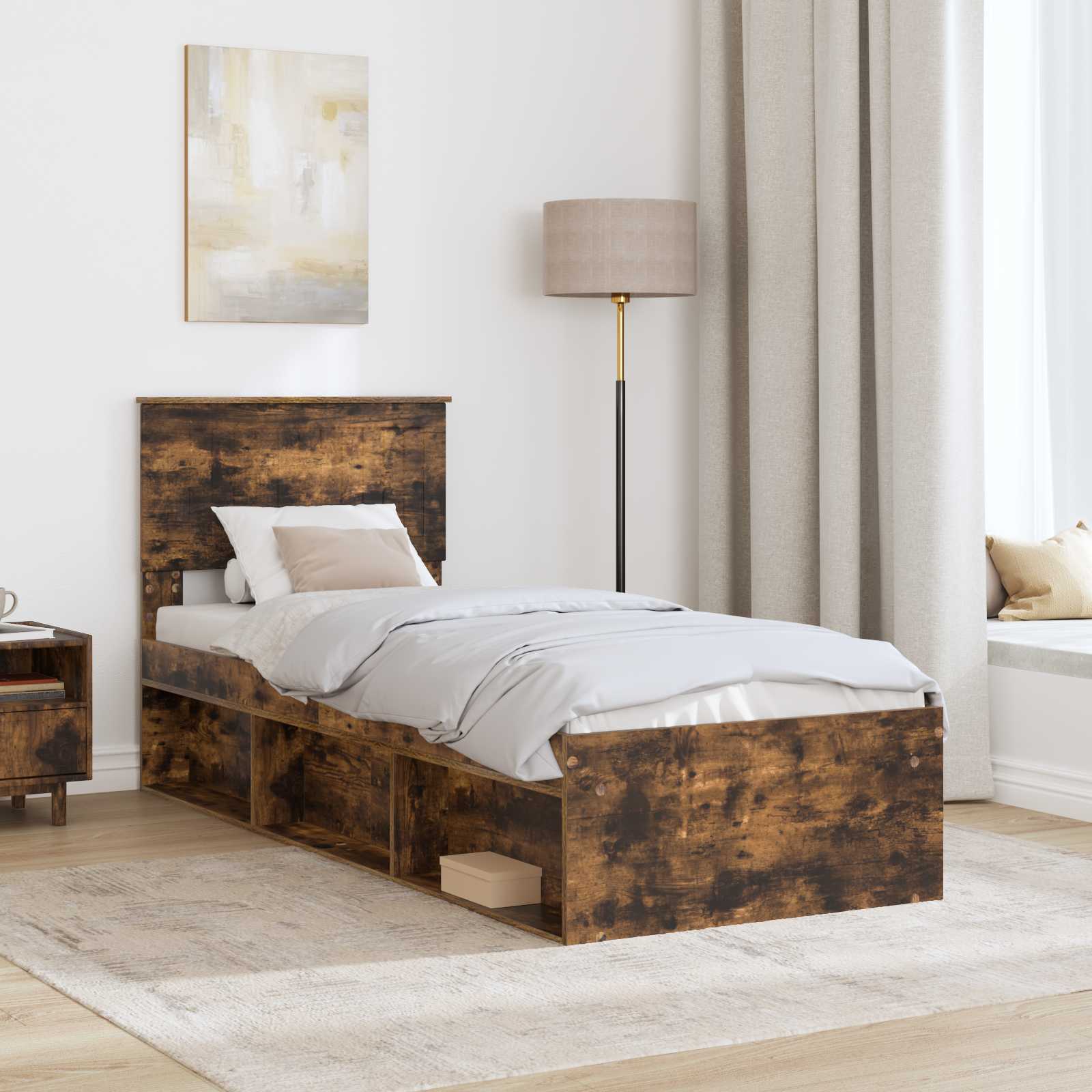 Cadre de lit avec tête de lit Chêne fumé 75 x 190 cm Pin massif