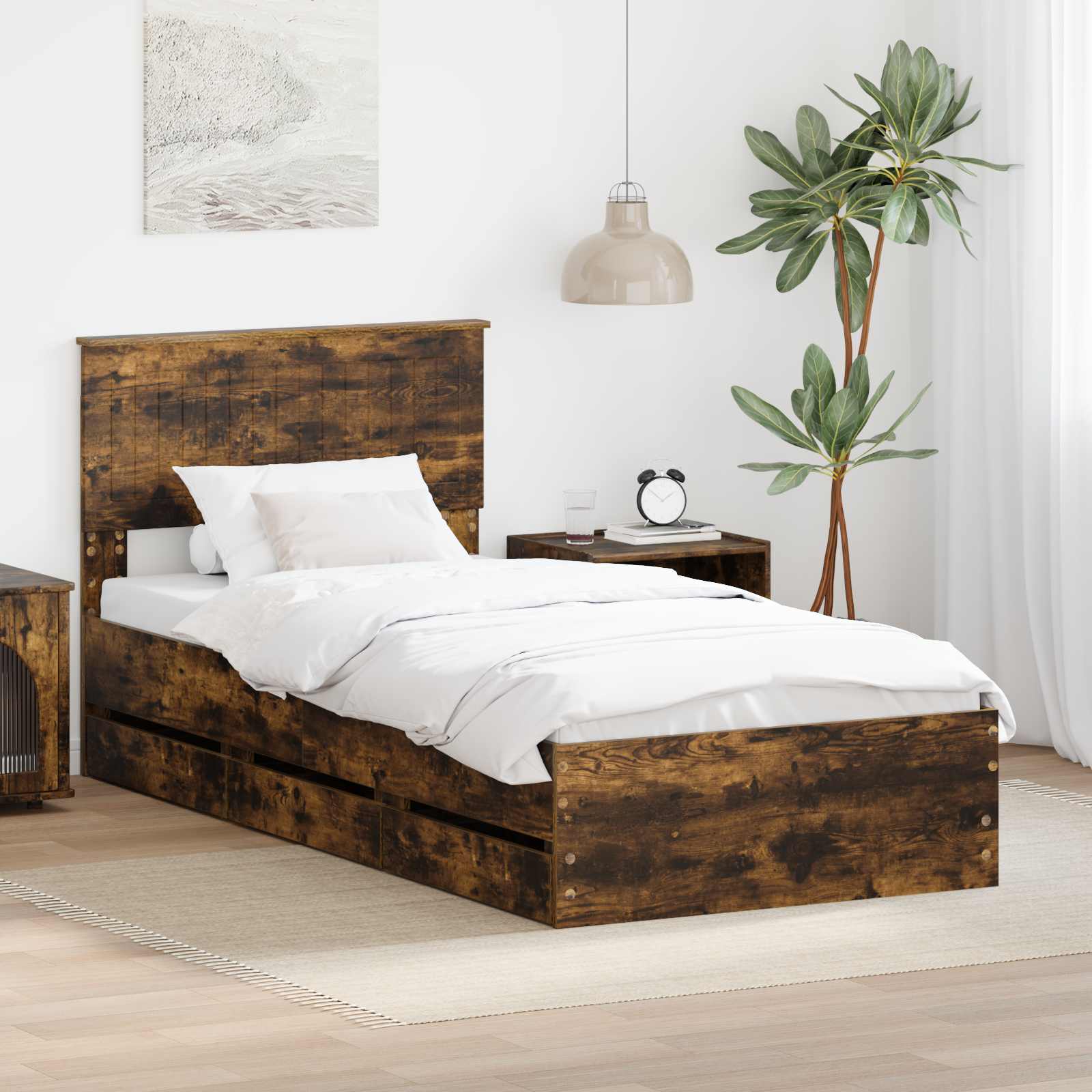 Cadre de lit avec tiroir Chêne fumé 90 x 200 cm Bois Ingénierie - XIOS