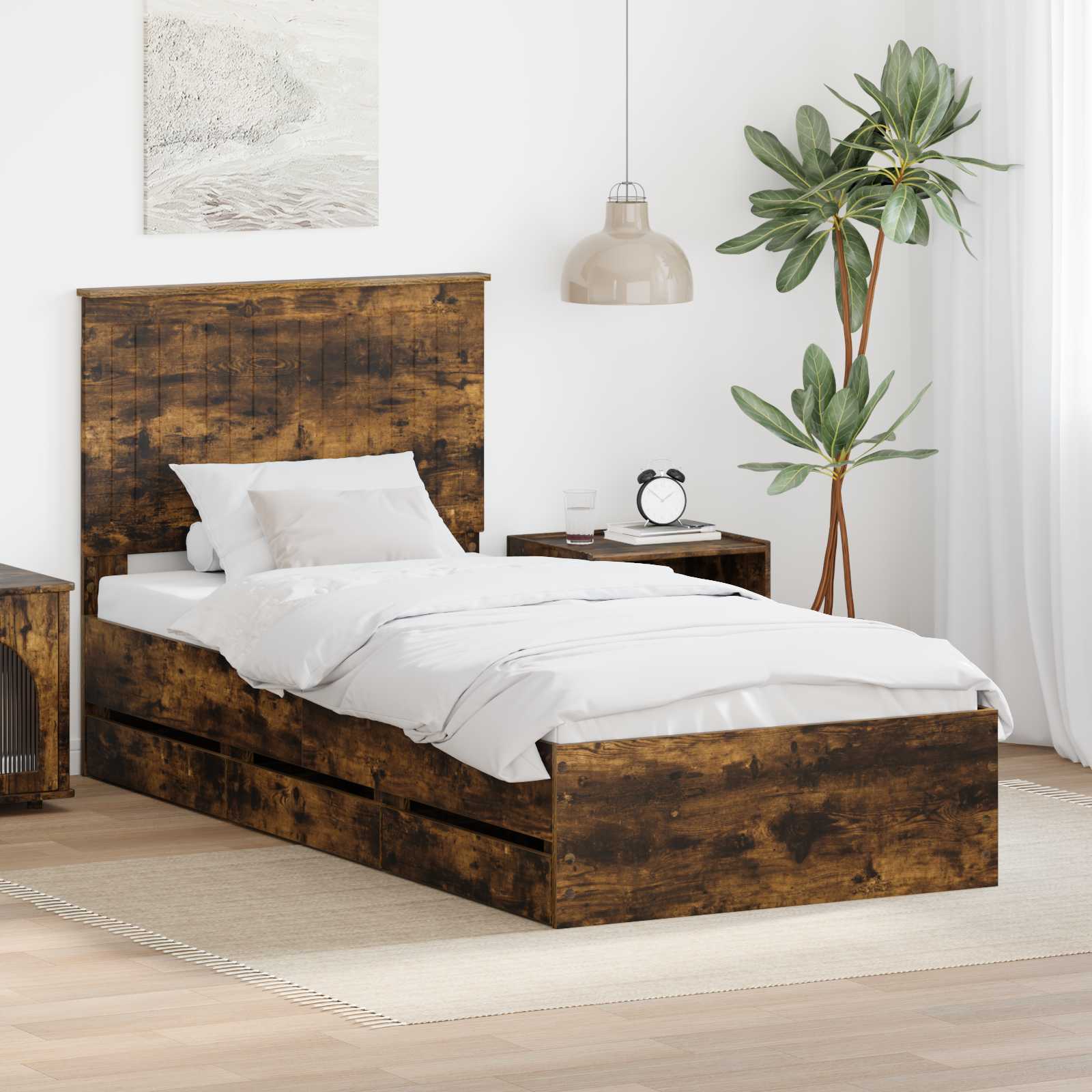 Cadre de lit avec tiroir Chêne fumé 90 x 190 cm Bois Ingénierie - XIOS
