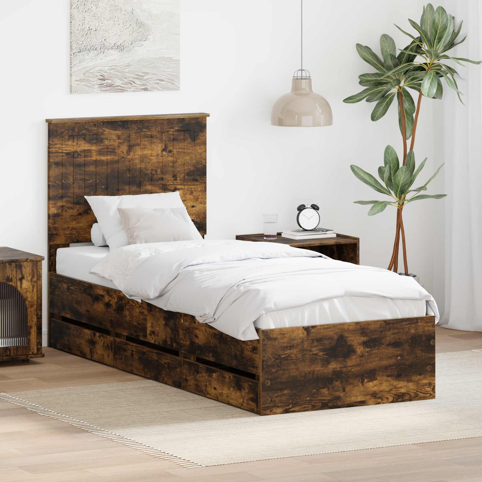 Cadre de lit avec tiroir Chêne fumé 75 x 190 cm Bois Ingénierie - XIOS