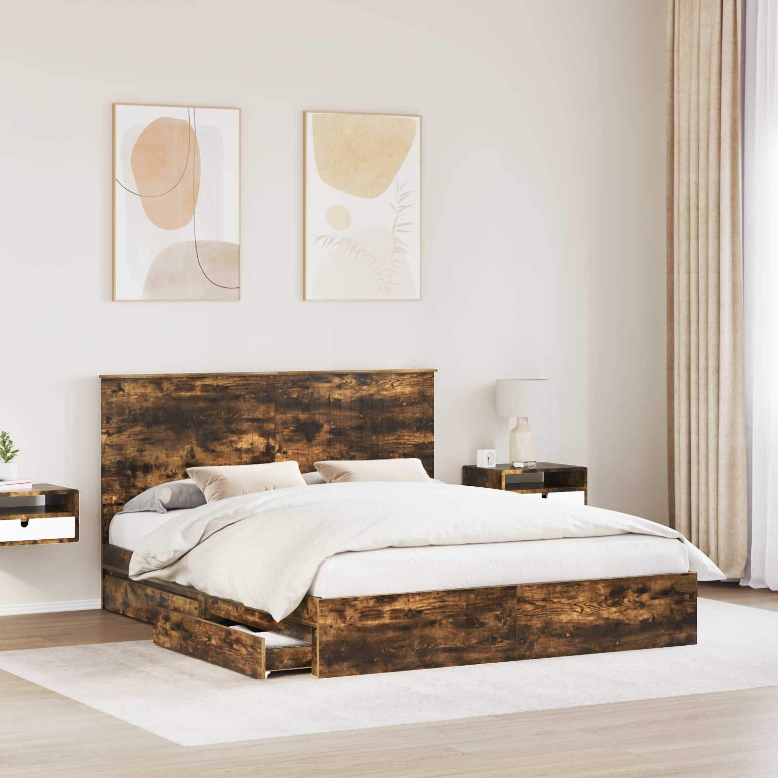 Lit de Rangement Chêne fumé 160 x 200 cm Bois d'ingénierie