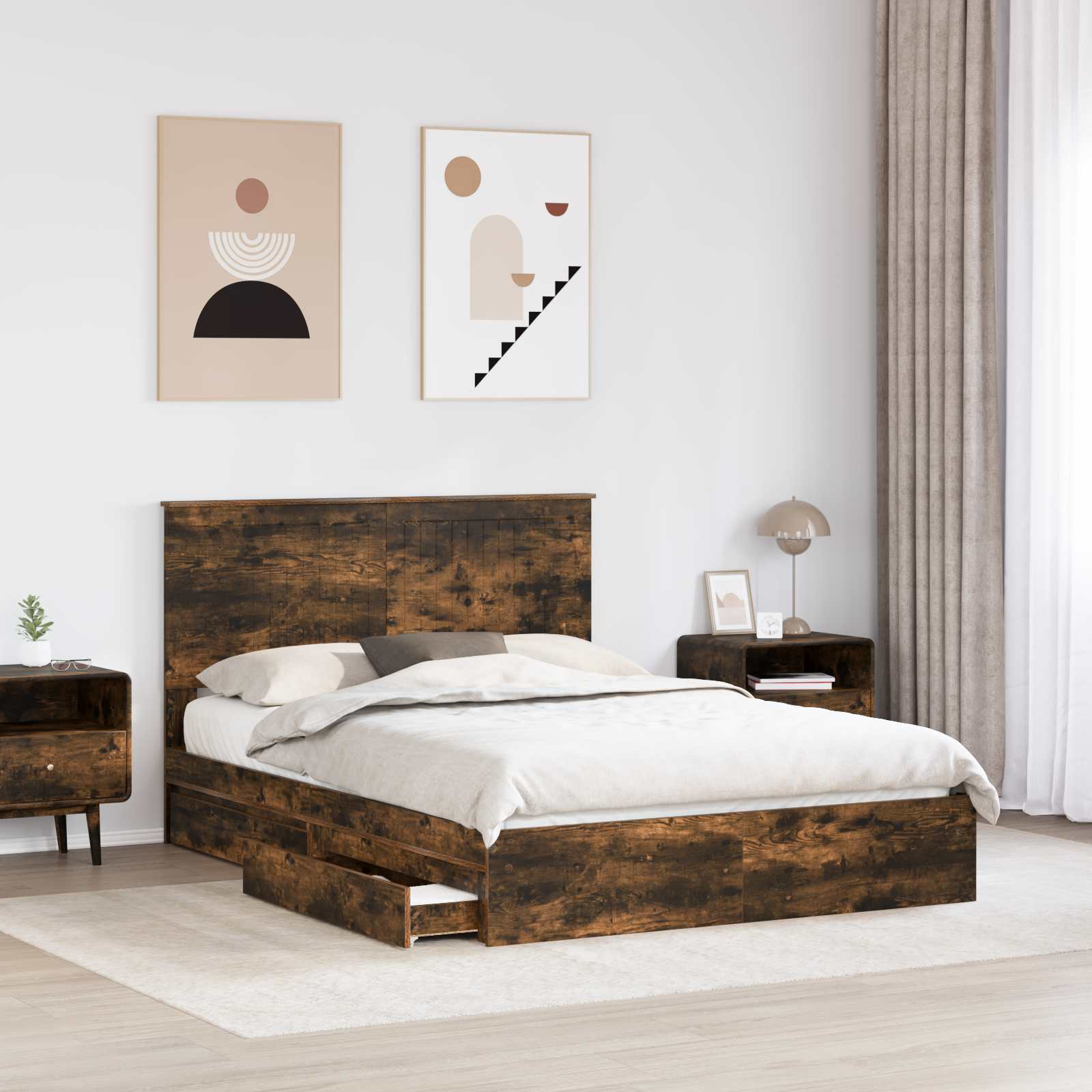 Lit de Rangement Chêne fumé 135 x 190 cm Bois d'ingénierie