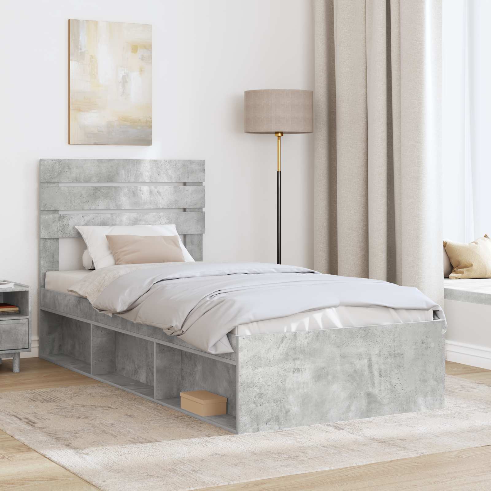 Cadre de lit avec tête de lit Béton 90 x 200 cm Pin massif