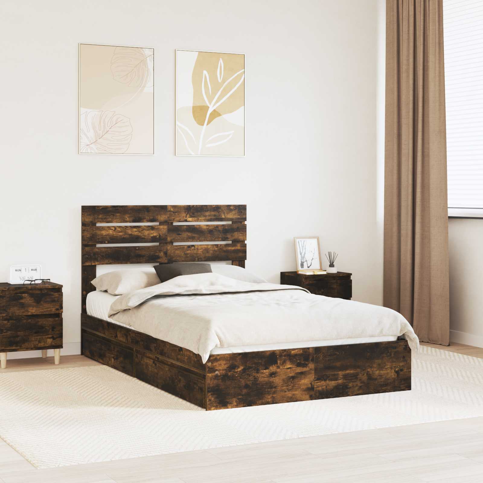Lit de Rangement Chêne fumé 135 x 190 cm Bois d'ingénierie - XIOS