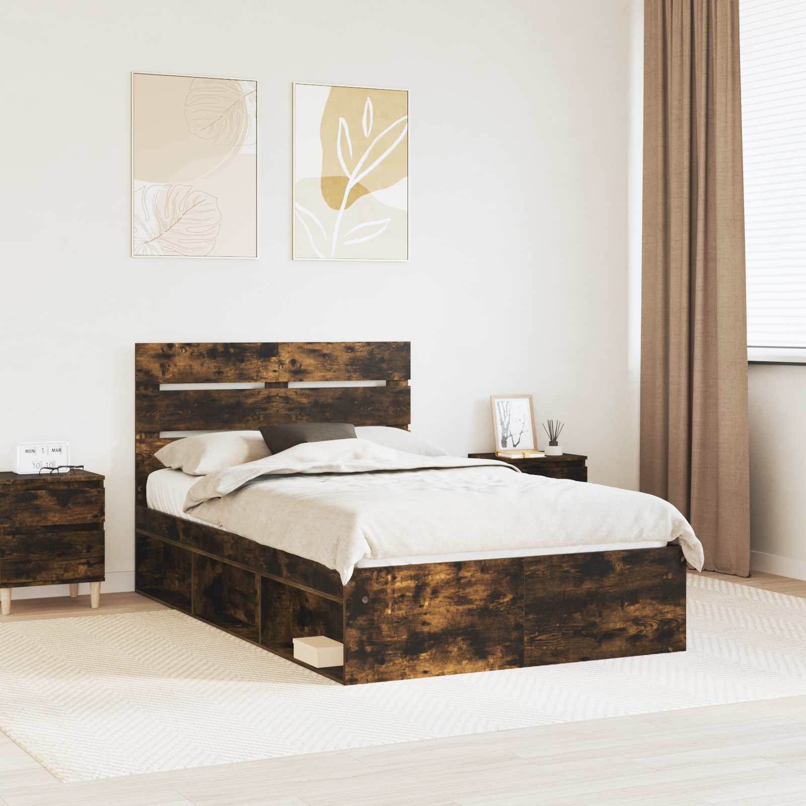 Cadre de lit Chêne fumé 135 x 190 cm Bois de pin massif - XIOS