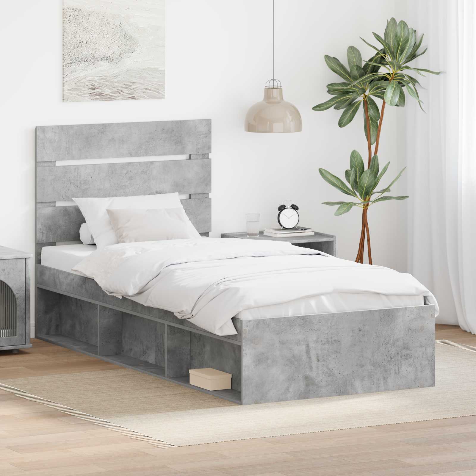 Cadre de lit avec tête de lit Béton 90 x 200 cm Pin massif - XIOS