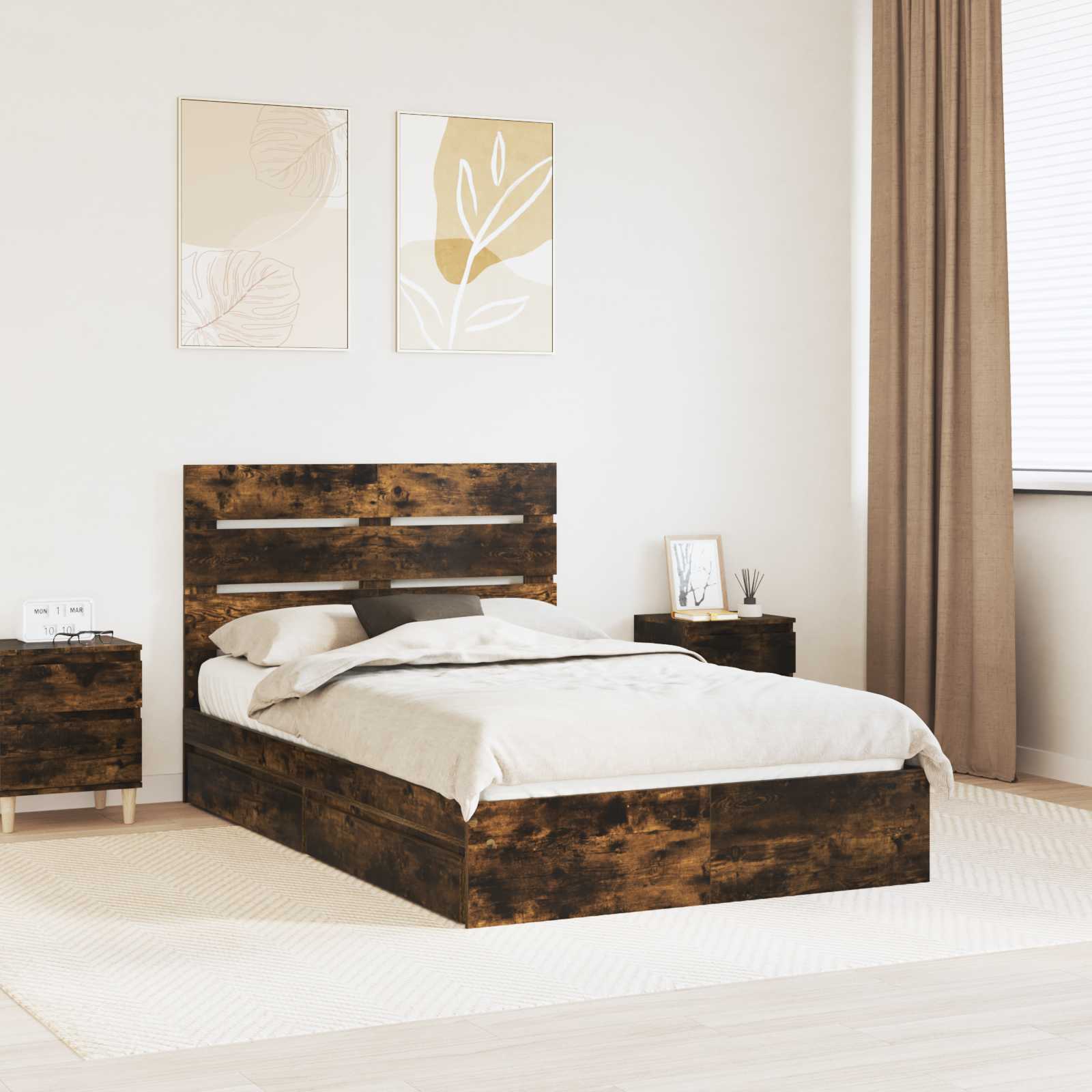 Lit de Rangement Chêne fumé 135 x 190 cm Bois d'ingénierie - XIOS