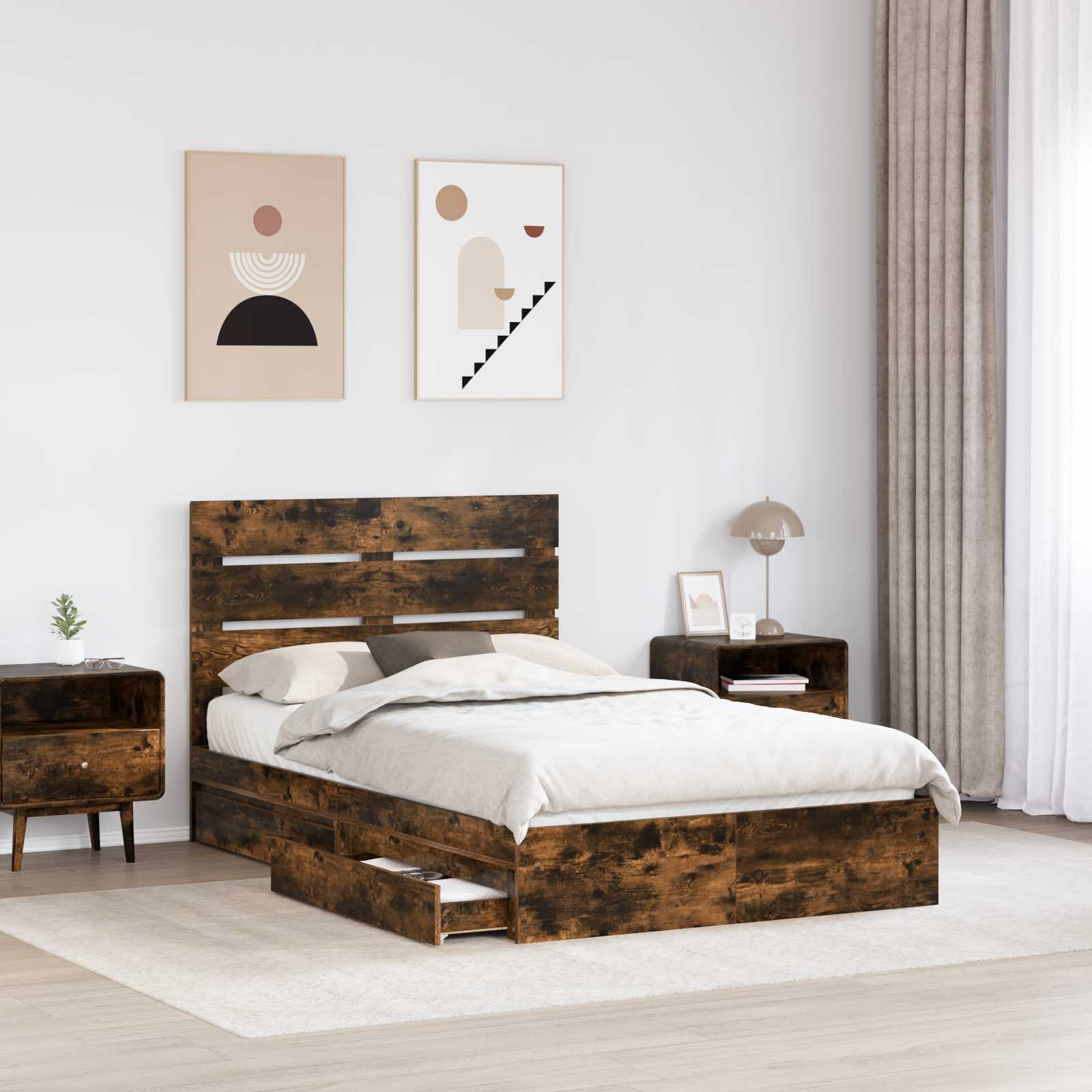 Lit de Rangement Chêne fumé 135 x 190 cm Bois d'ingénierie - XIOS