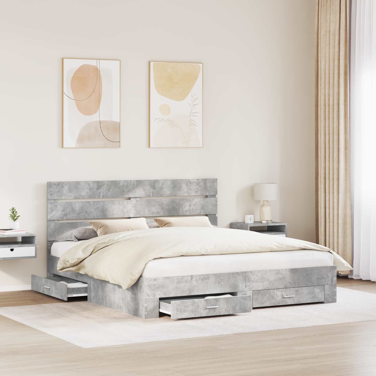 Cadre de lit Gris béton 200 x 200 cm Bois d'ingénierie - XIOS