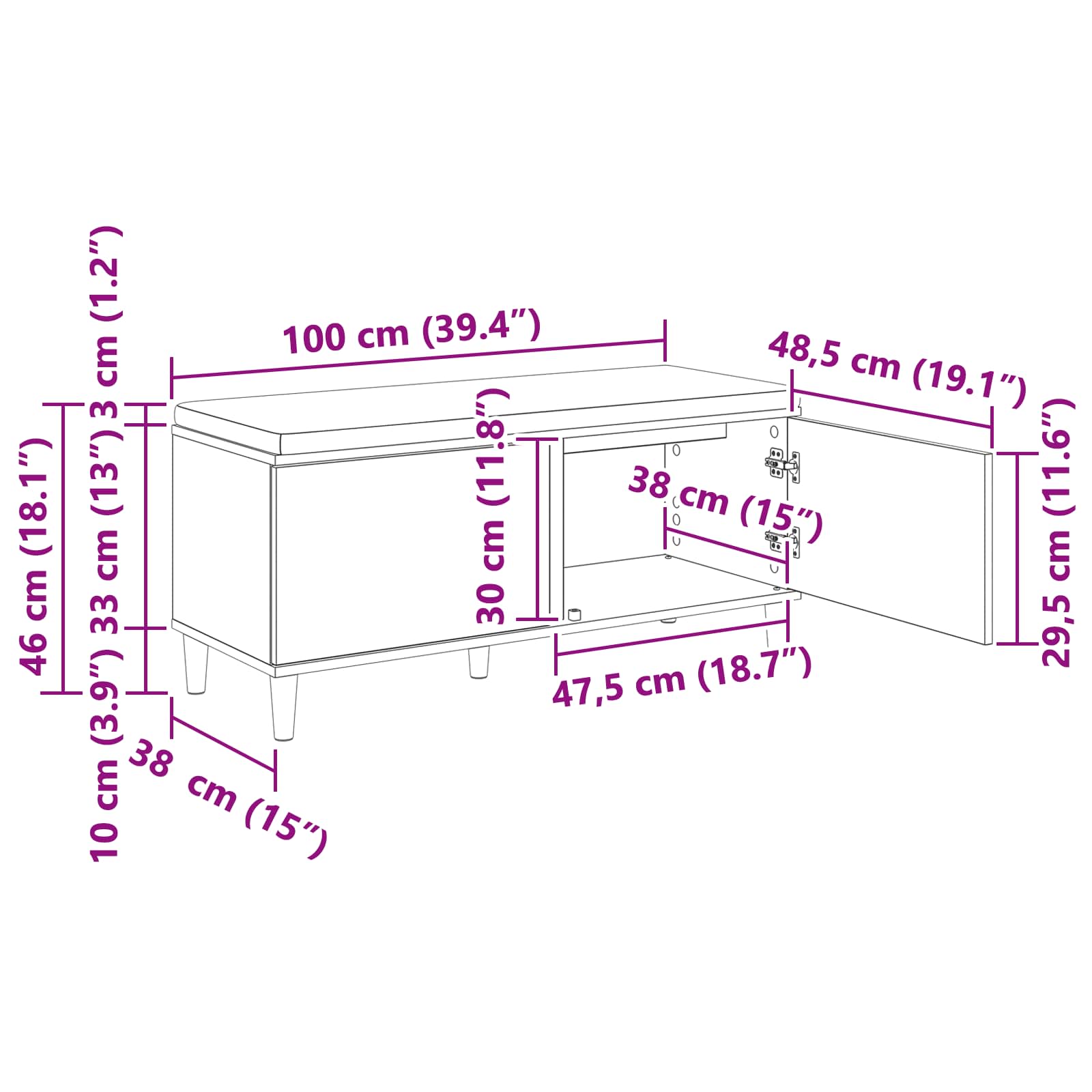 Banc d'entrée avec coussin Gris Sonoma 100 x 38 x 46 cm - XIOS