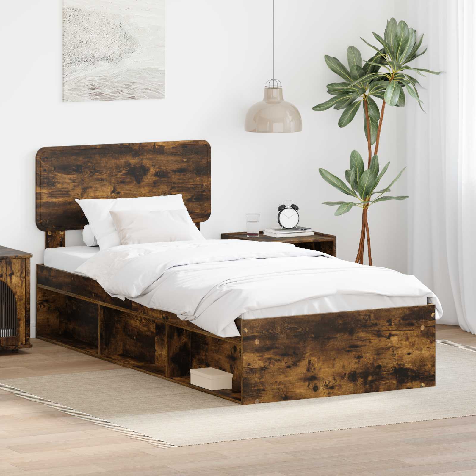 Cadre de lit avec tête de lit Chêne fumé 90 x 200 cm Pin massif