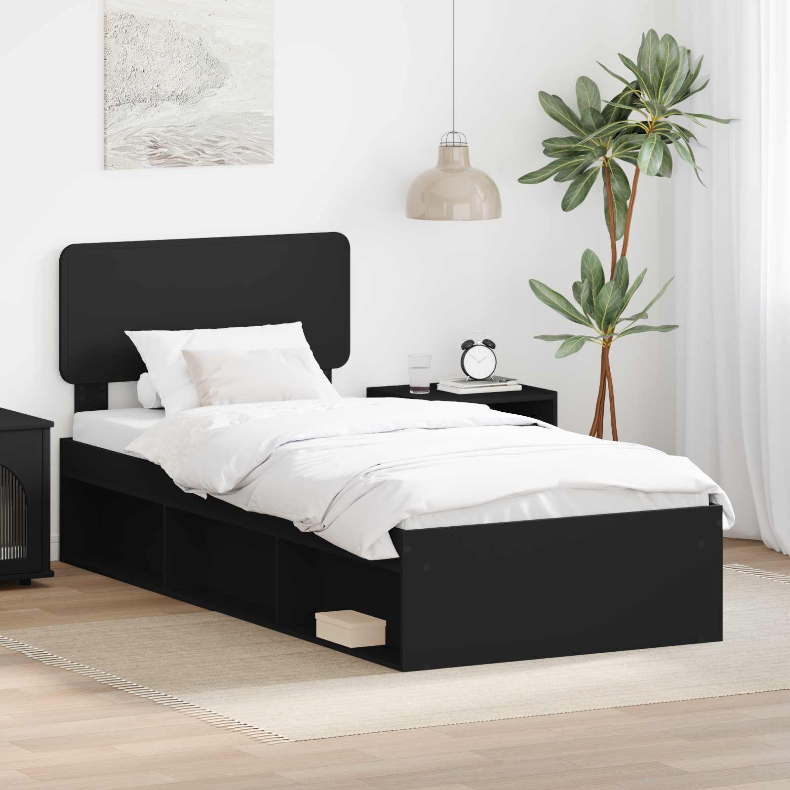 Cadre de lit avec tête de lit Noir 90 x 190 cm Pin massif - XIOS