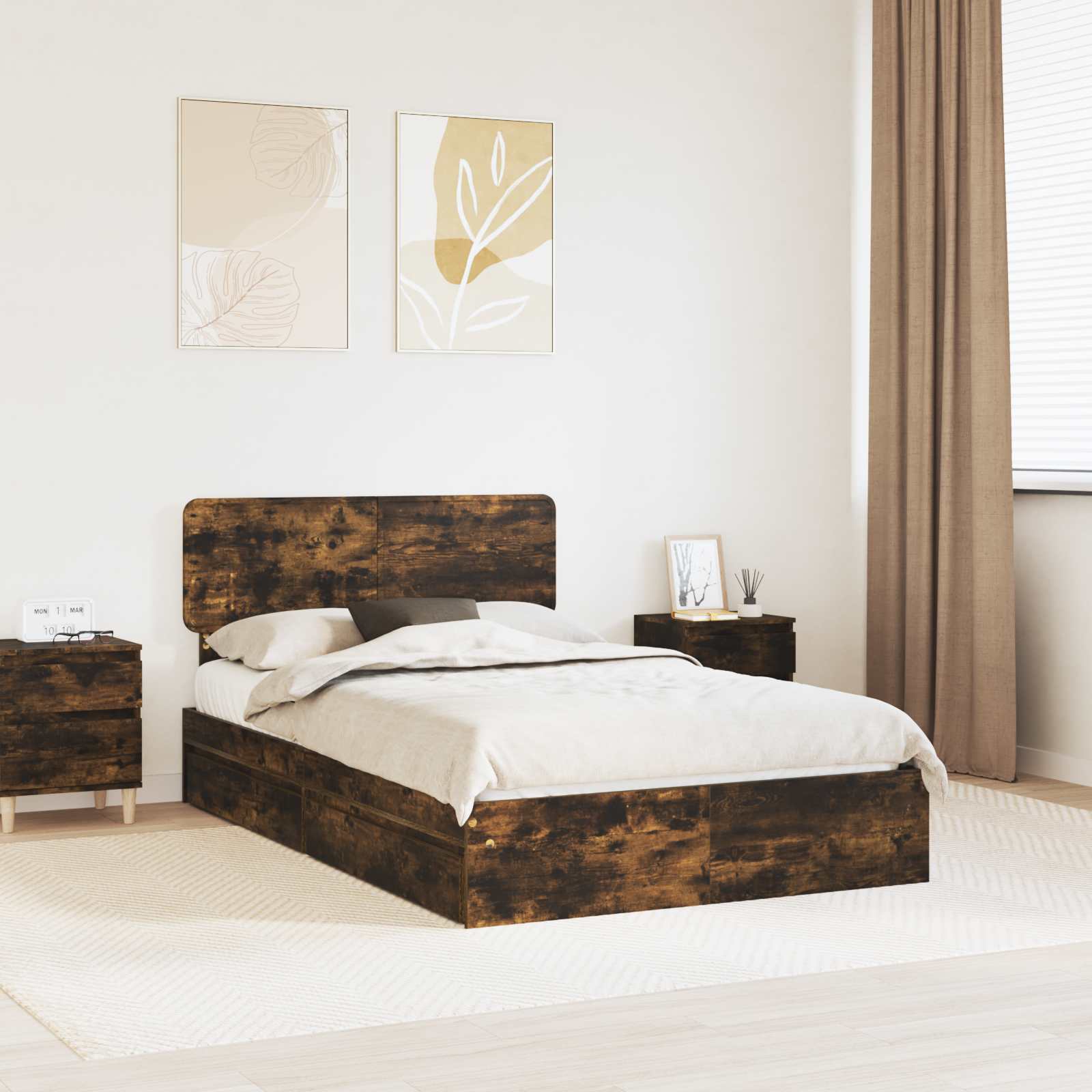 Lit de Rangement Chêne fumé 135 x 190 cm Bois d'ingénierie - XIOS