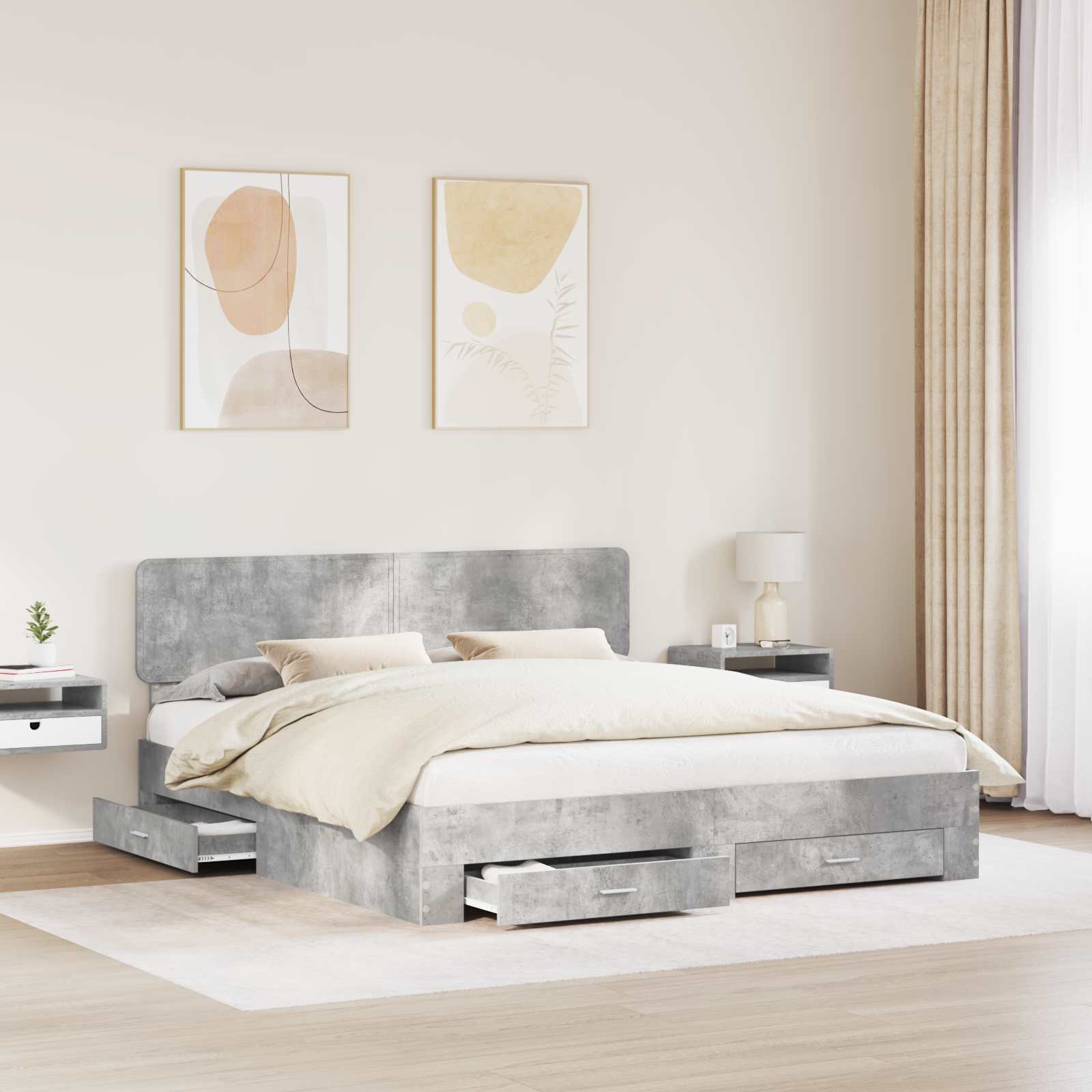 Cadre de lit Gris béton 200 x 200 cm Bois d'ingénierie - XIOS
