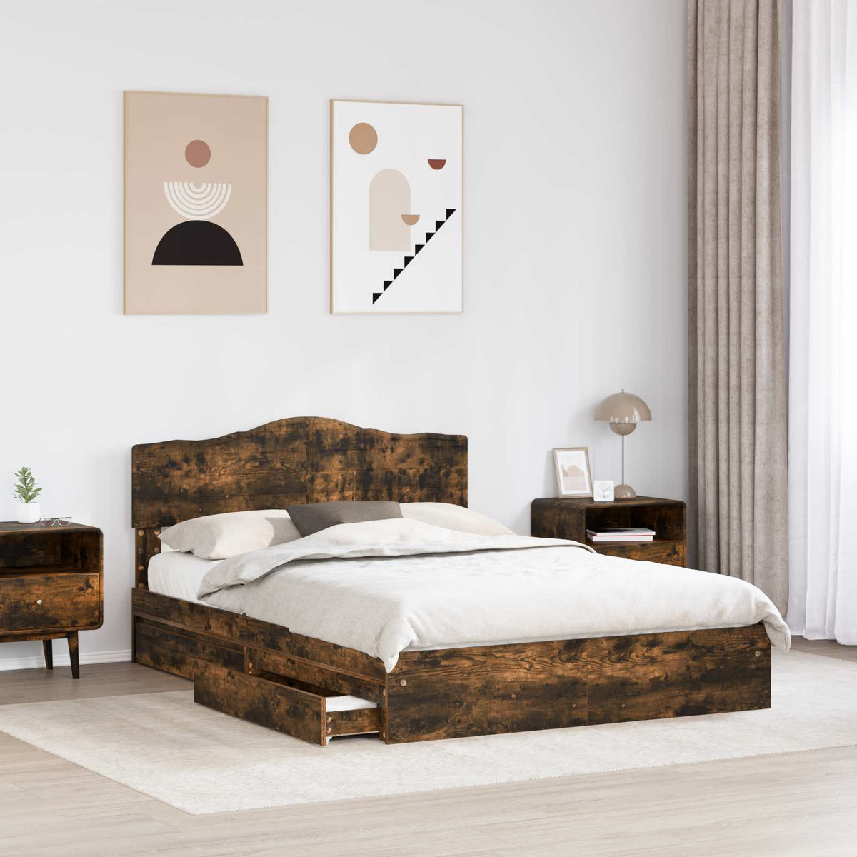 Lit de Rangement Chêne fumé 160 x 200 cm Bois d'ingénierie