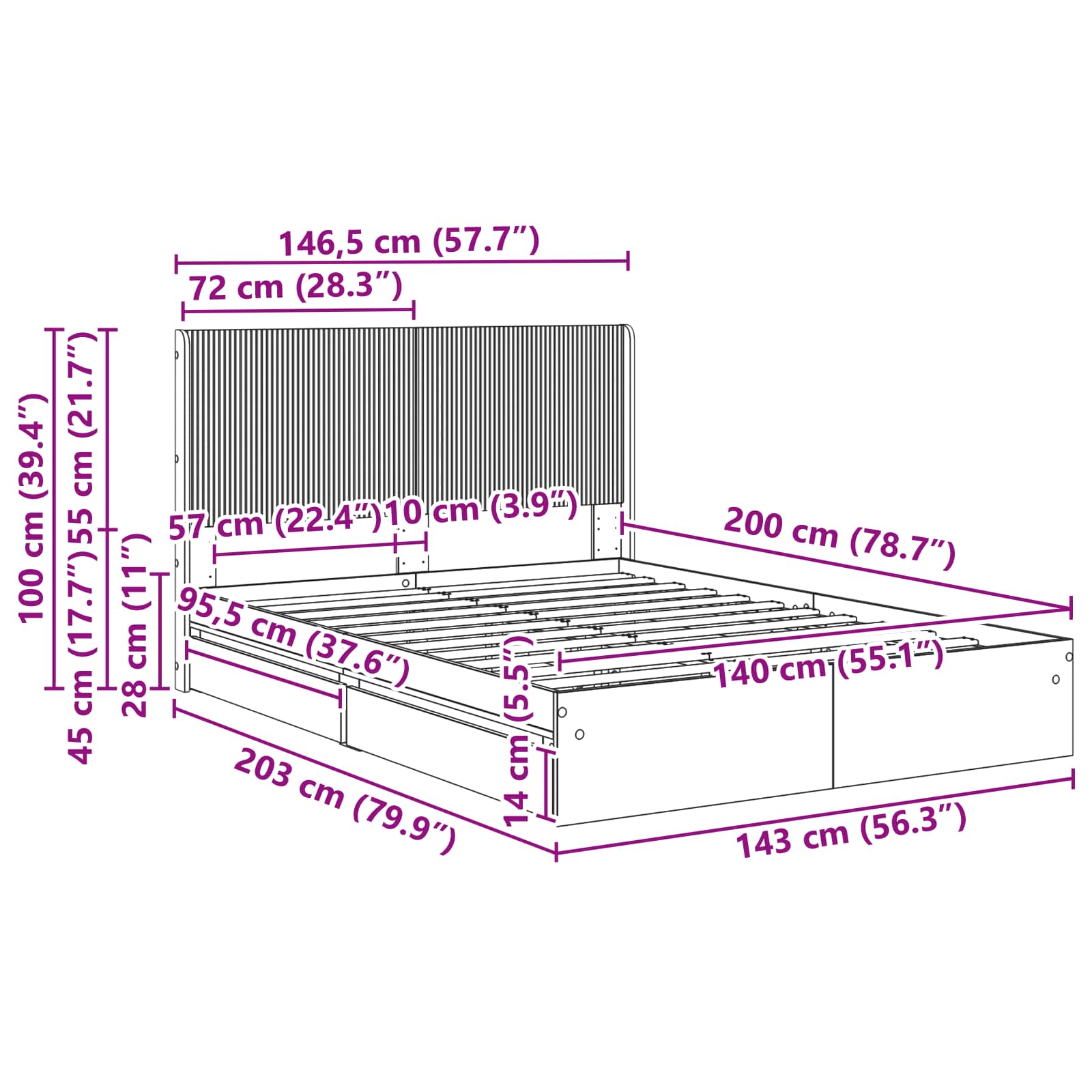 Cadre de lit avec rangement et tête de lit 3 pcs - XIOS