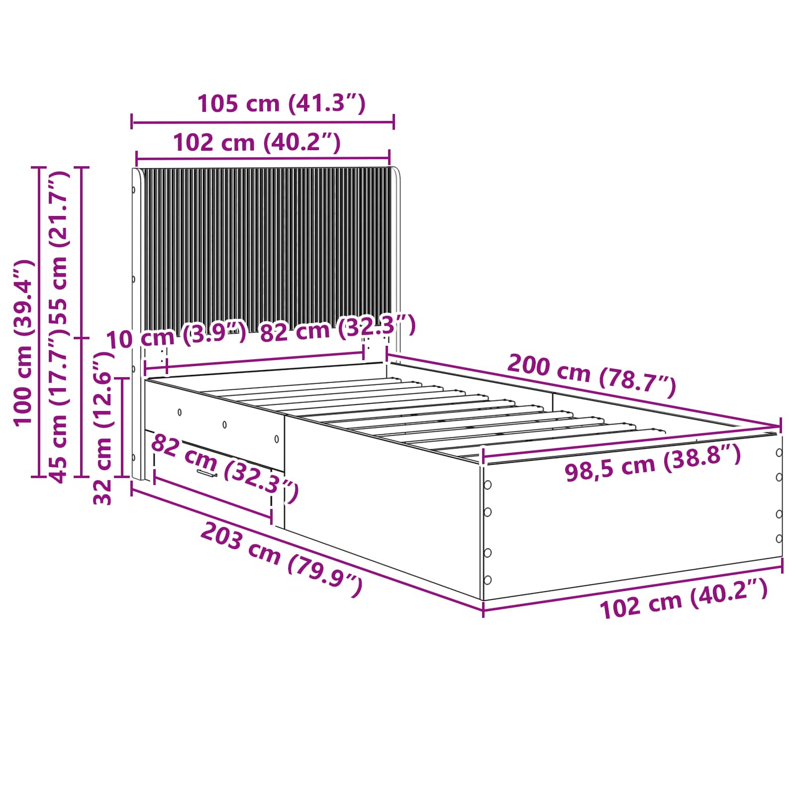Cadre de lit avec rangement et tête de lit Sonoma gris - XIOS