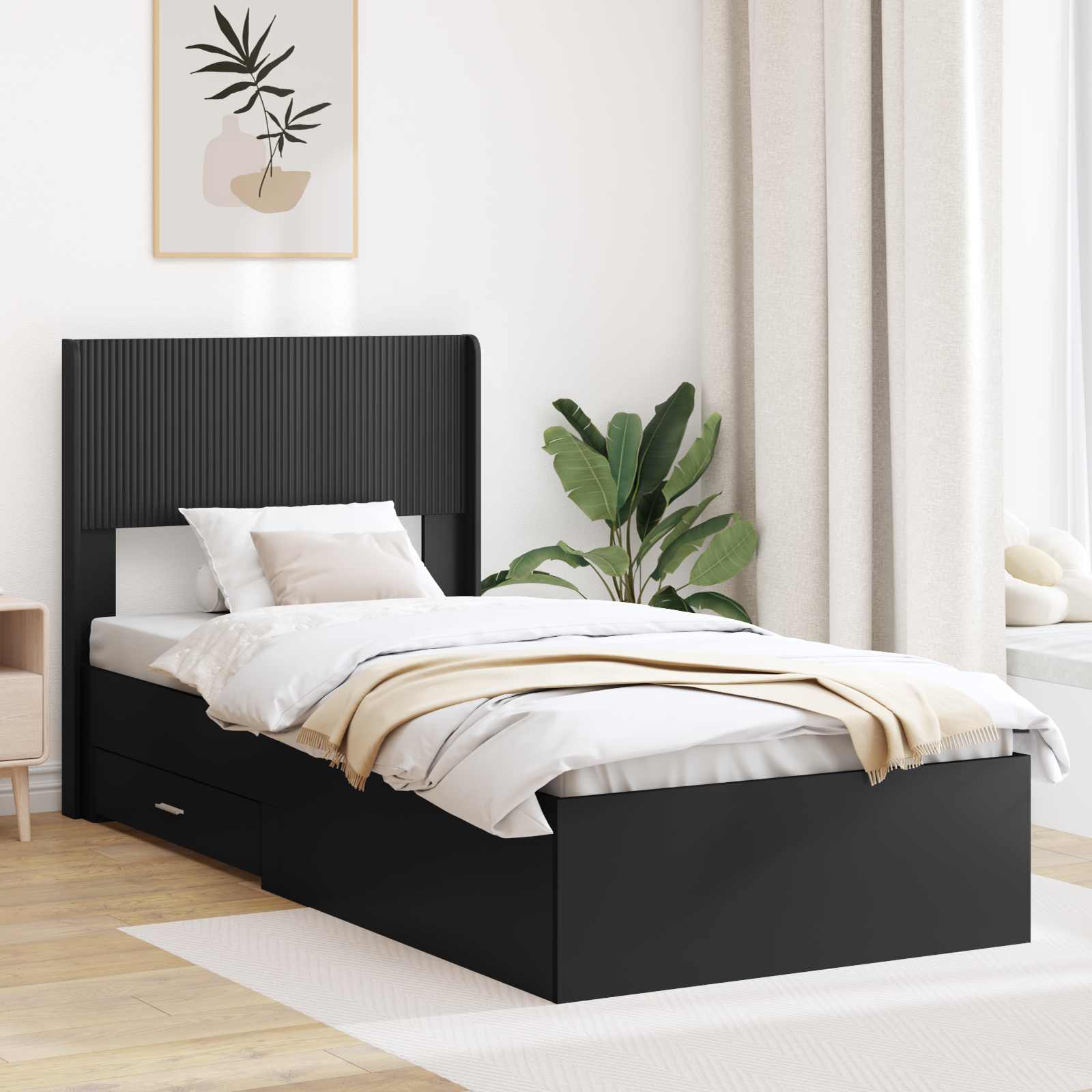 Cadre de lit avec rangement et tête de lit Noir 75 x 190 cm - XIOS
