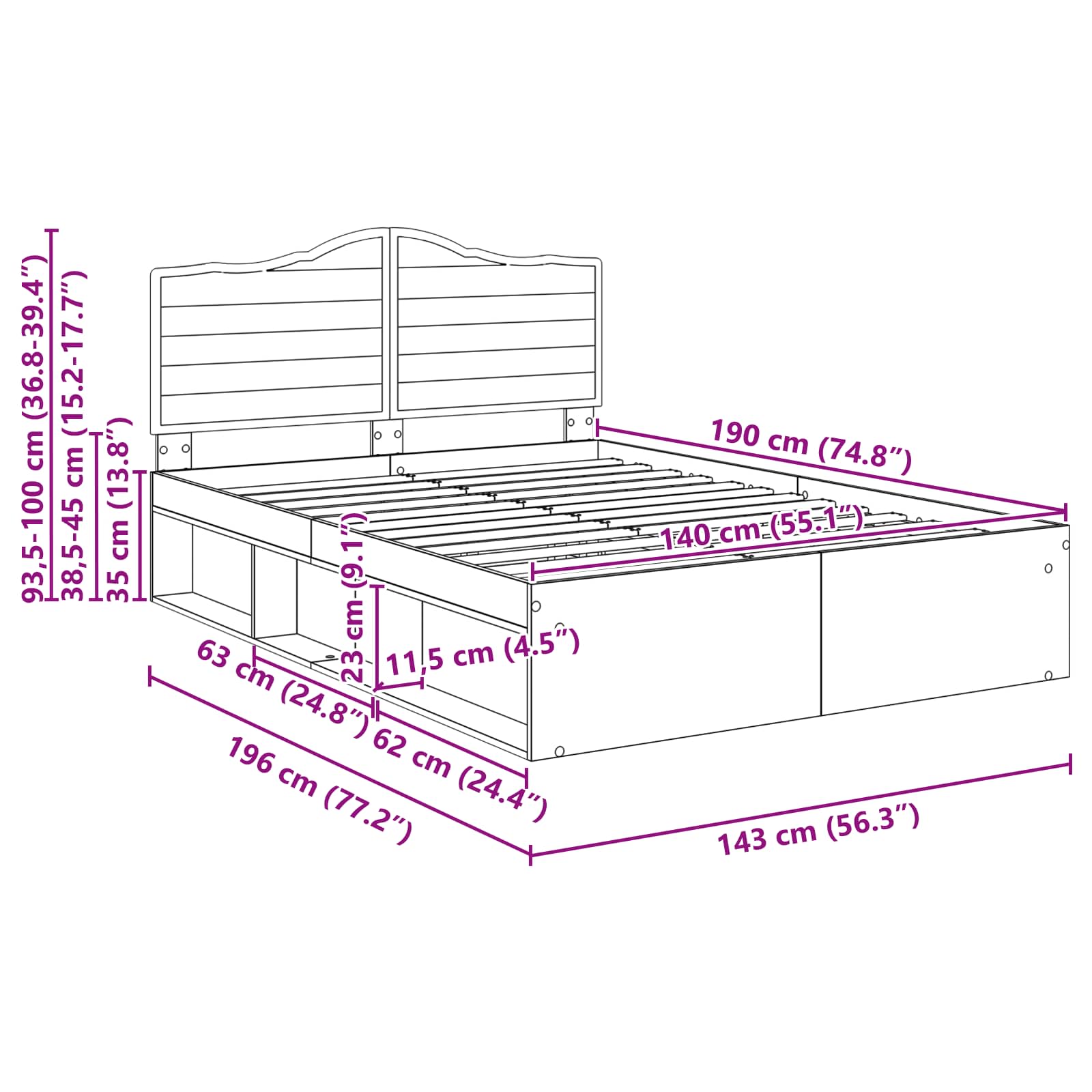 Cadre de lit avec tête de lit Sonoma 140 x 190 cm Pin massif - XIOS