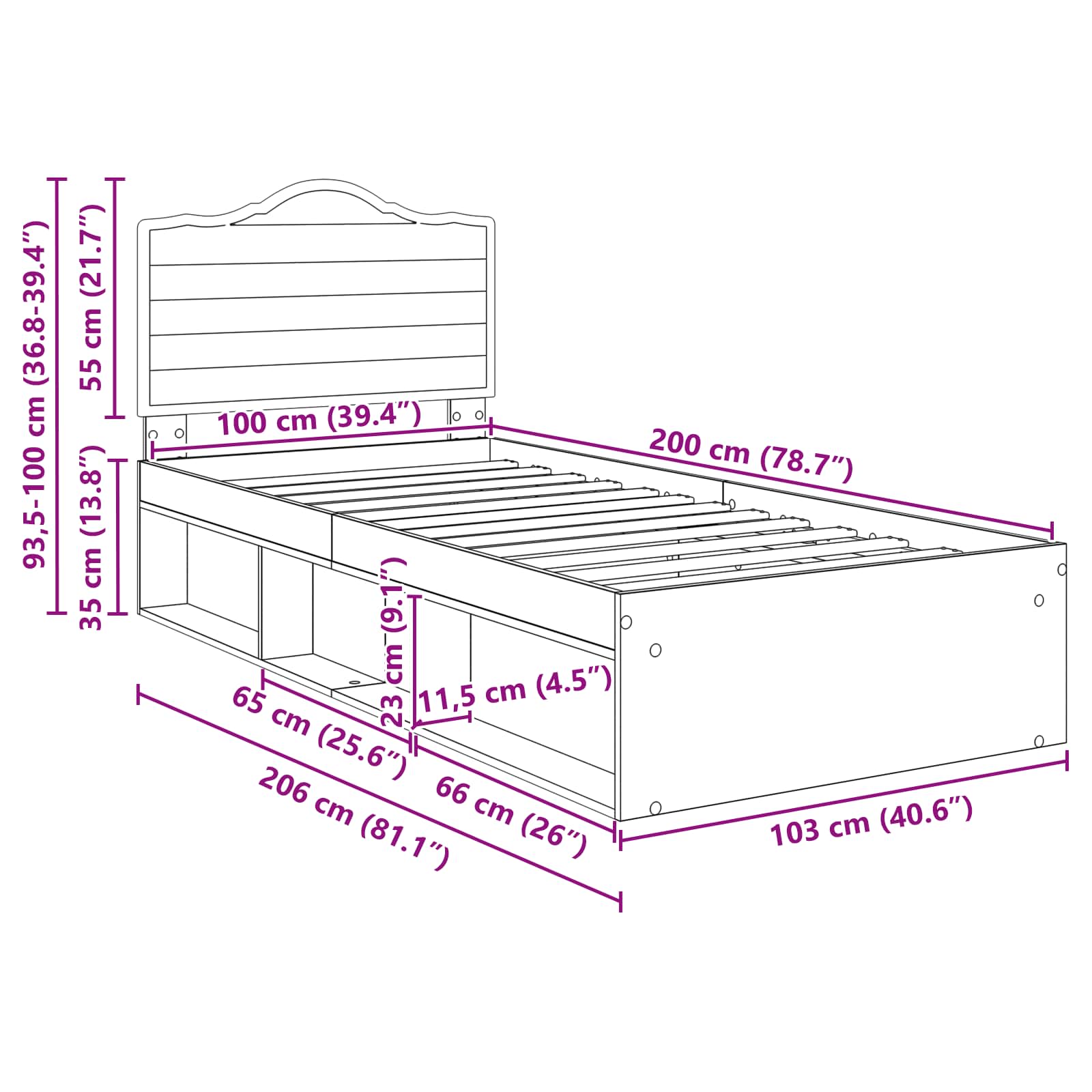 Cadre de lit Gris Béton 100 x 200 cm Pin massif - XIOS