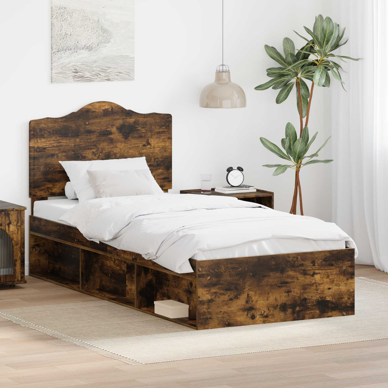 Cadre de lit avec tête de lit Chêne fumé 90 x 200 cm Pin massif