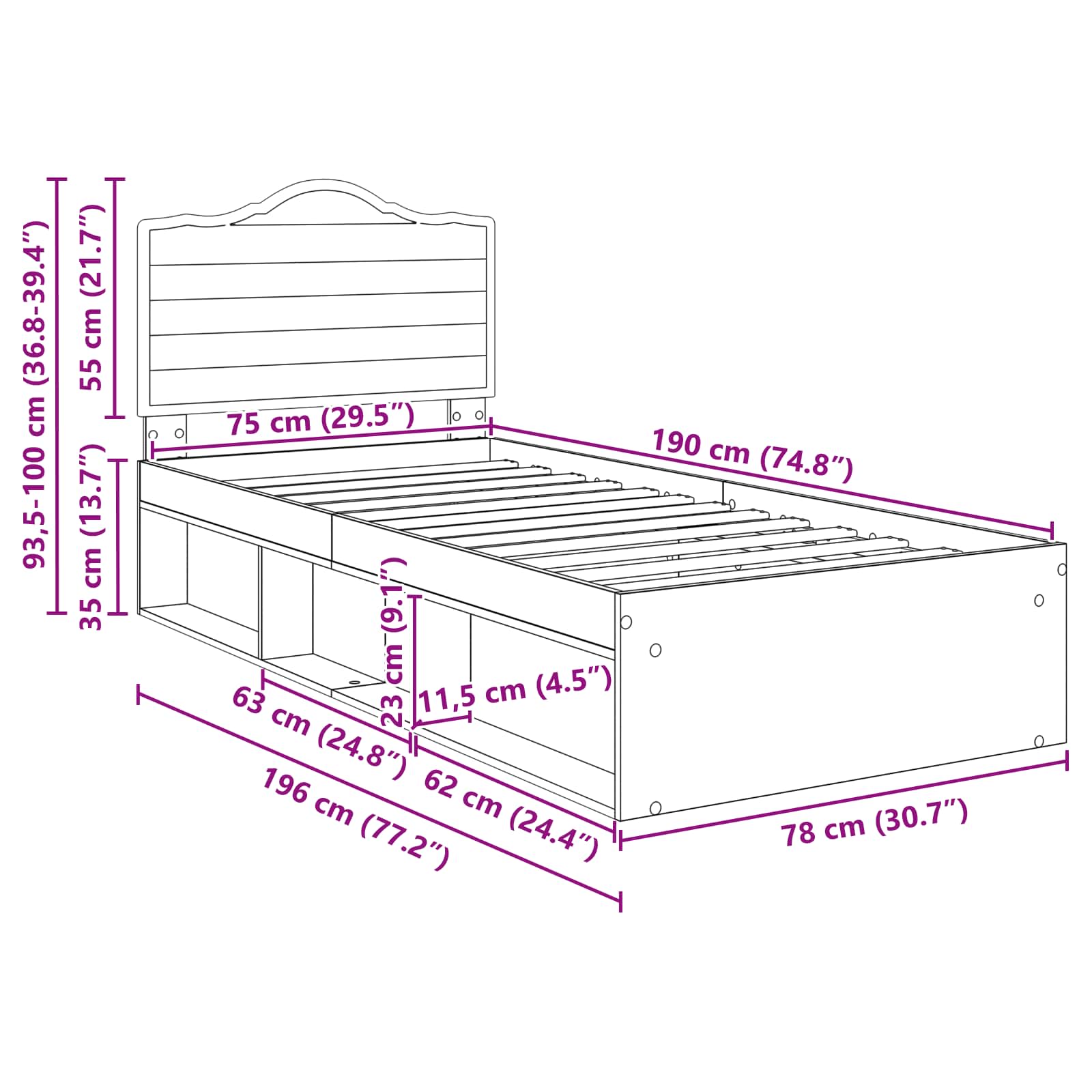 Cadre de lit avec tête de lit Chêne fumé 75 x 190 cm Pin massif - XIOS