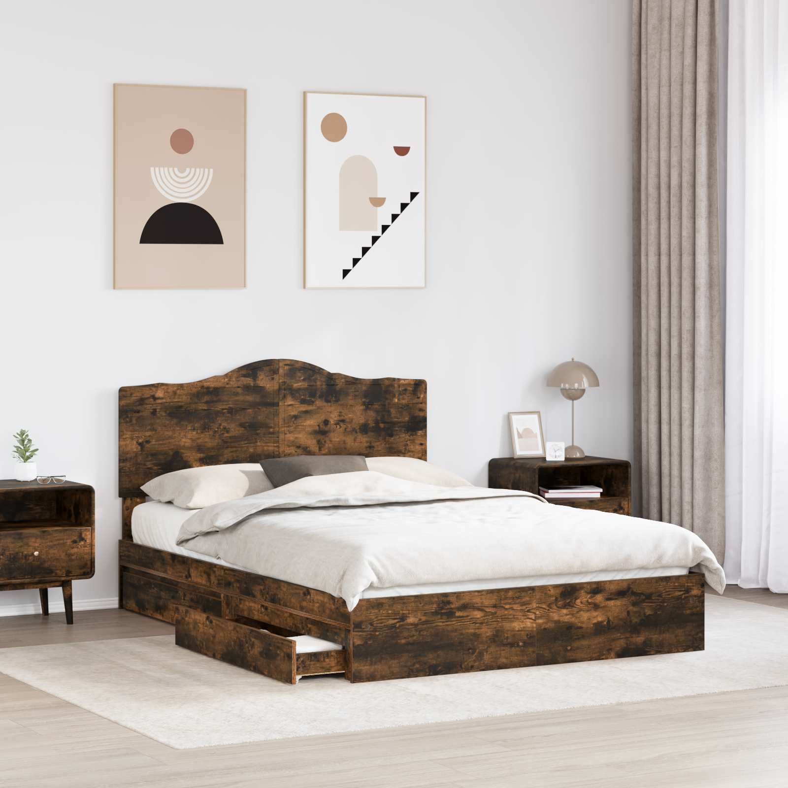 Lit de Rangement Chêne fumé 160 x 200 cm Bois d'ingénierie
