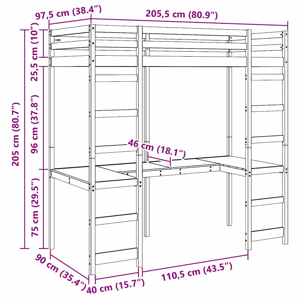 Cadre de lit mezzanine Naturel 90 x 200 cm Pin massif - XIOS