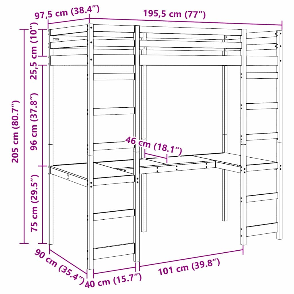 Cadre de lit mezzanine Naturel 90 x 190 cm Pin massif - XIOS