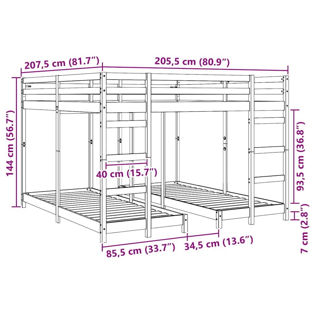 Cadre de lit superposé triple Naturel 80 / 200 x 200 cm - XIOS