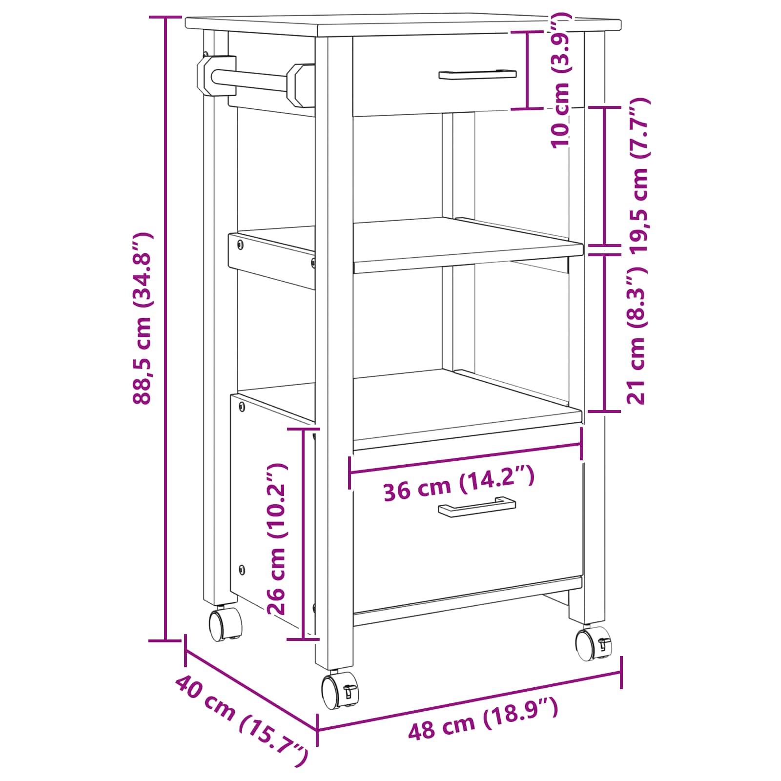 Chariot de cuisine Noir 88,5 x 40 x 48 cm Bois de Pin Massif - XIOS