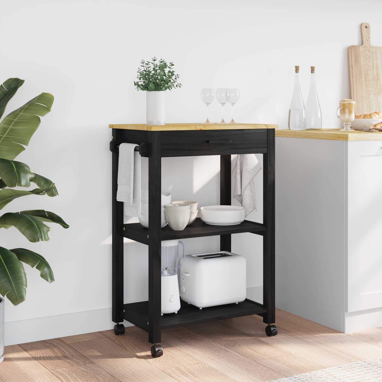 Chariot de cuisine Noir 88,5 x 40 x 60 cm Bois de Pin Massif - XIOS